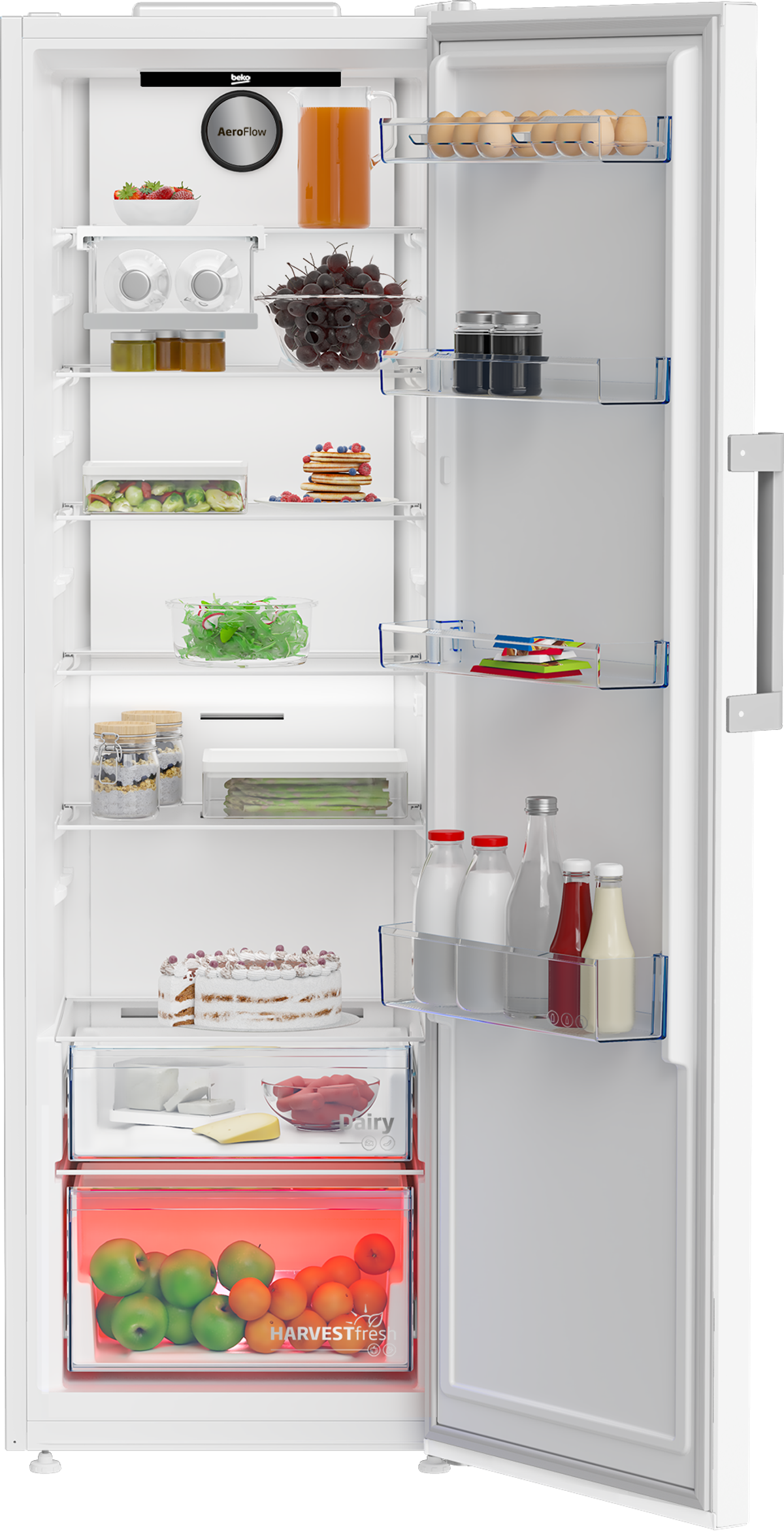 Refrigerador abierto con estantes de alimentos, incluyendo frutas, verduras y lácteos.