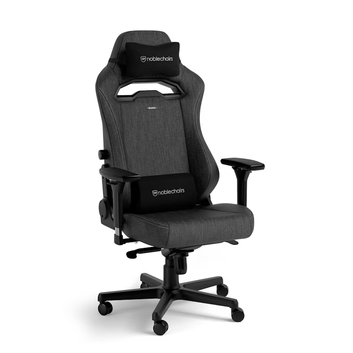 Sedia da gaming nera e grigia con poggiatesta e cuscini di supporto lombare.