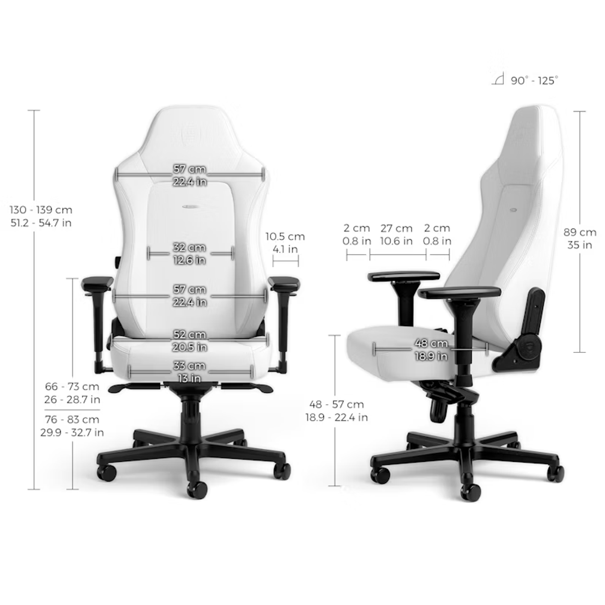 Weißer Gaming-Stuhl mit Maßangaben. Zwei Ansichten, Maße in cm/Zoll, schwarze Basis.