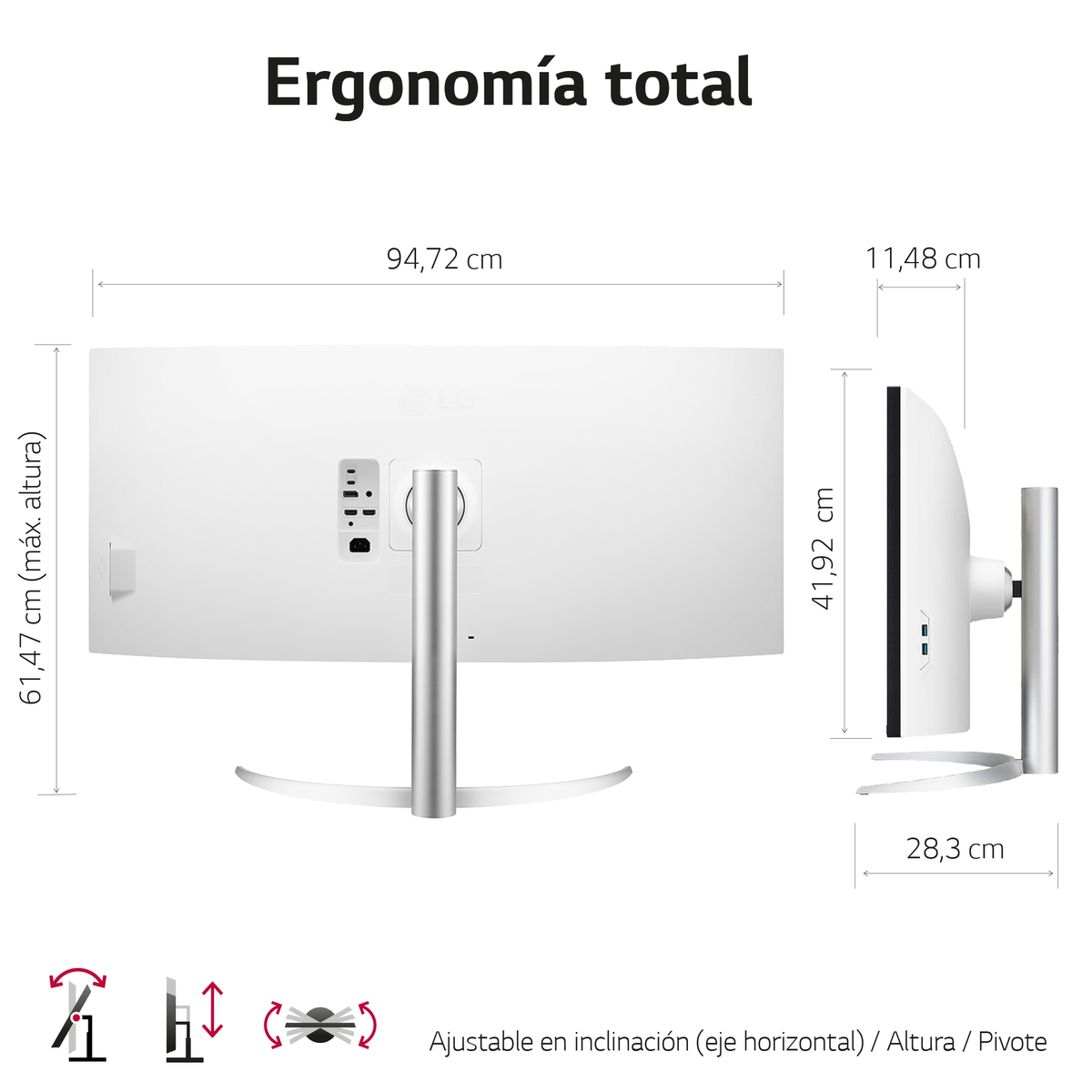 Ein großer weißer Computermonitor mit gewölbtem Bildschirm, Abmessungen und Funktionen werden angezeigt.