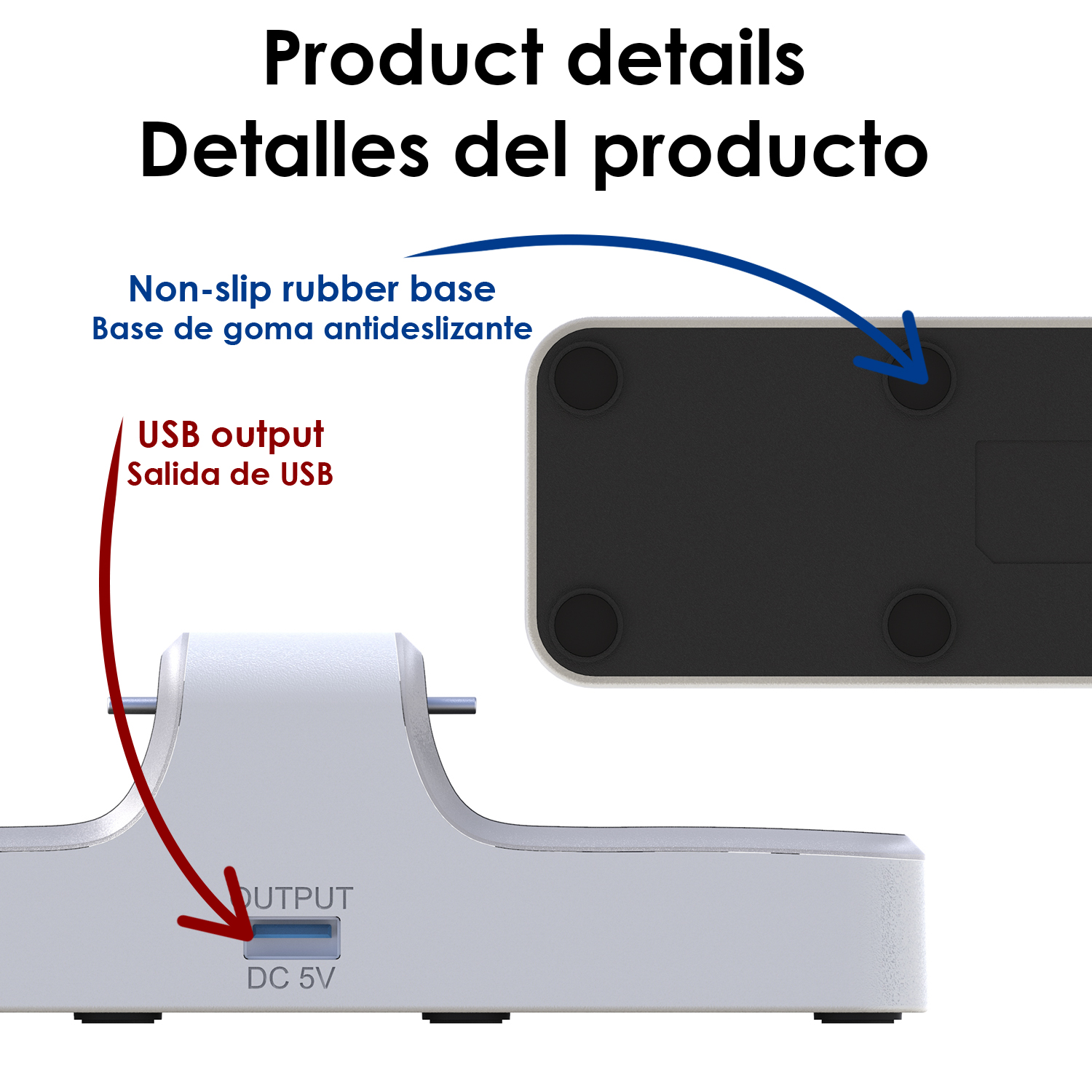 Primer plano de un dispositivo blanco con salida USB y base antideslizante. Tiene un puerto de salida.