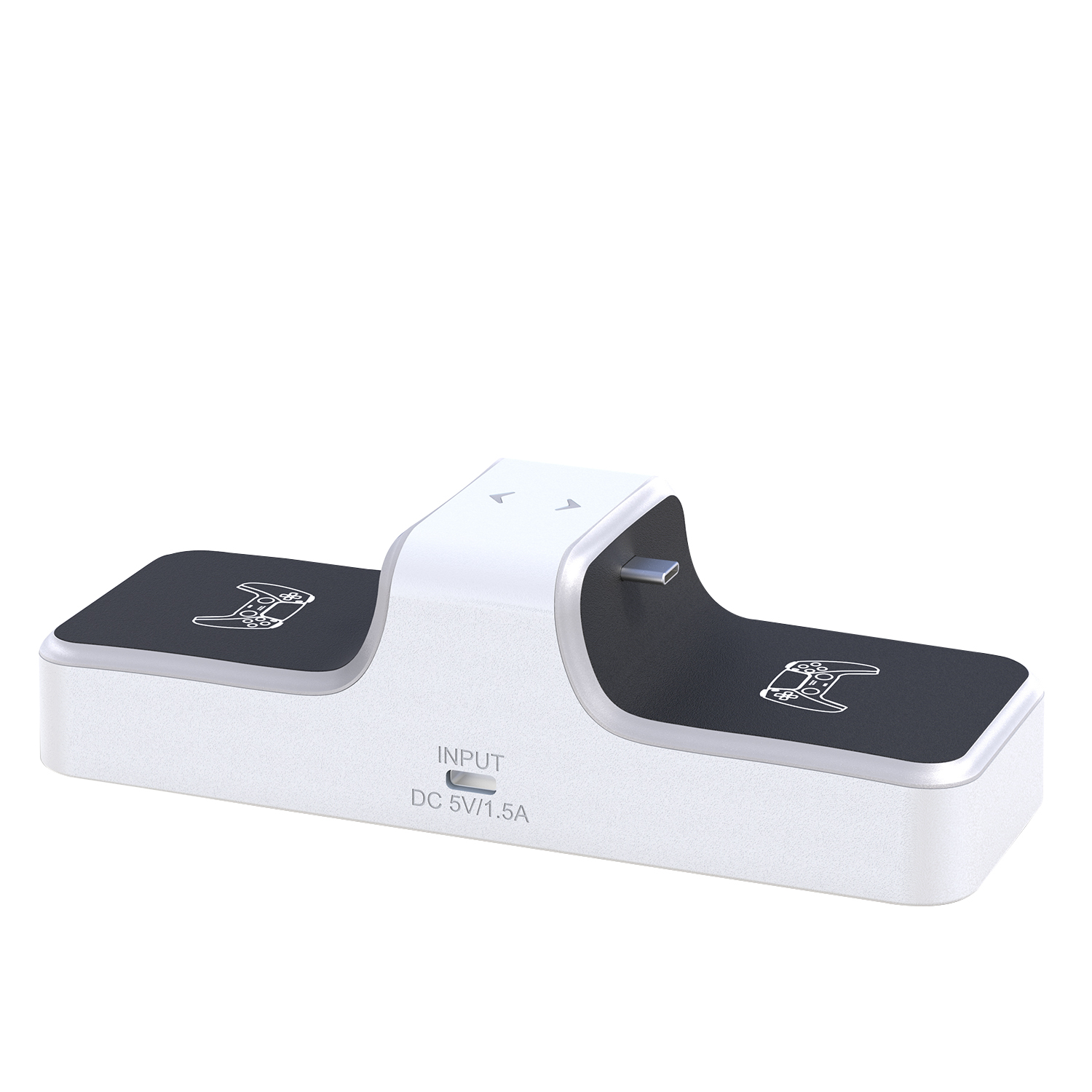 Un cargador de controlador de juego blanco y negro con dos iconos de controlador.