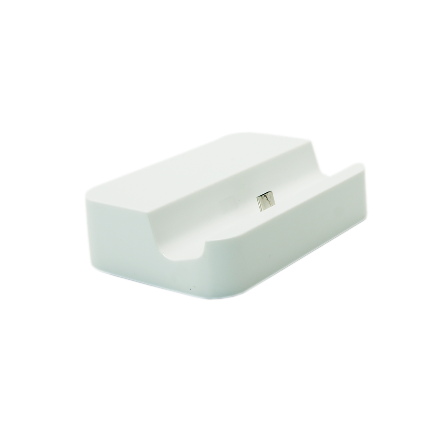 Base di ricarica bianca con porta USB, su sfondo bianco.