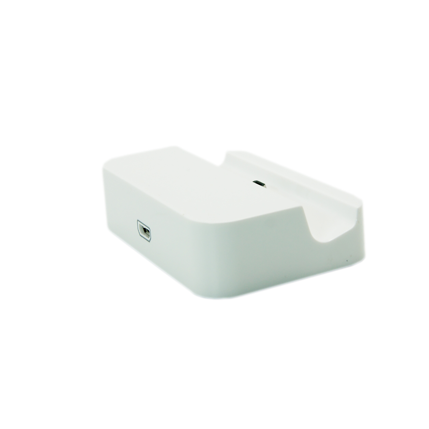 Una base di ricarica bianca con un'area incassata per un dispositivo e una porta USB.