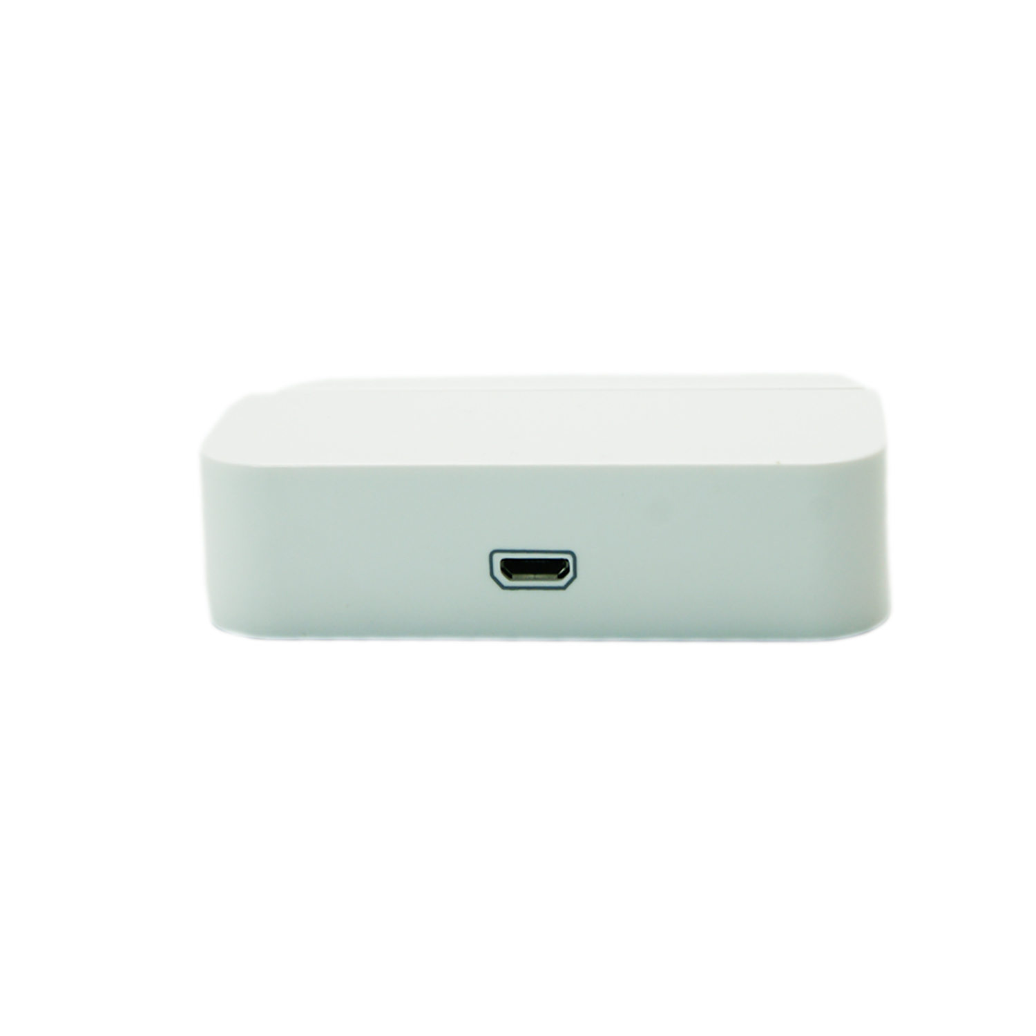 Dispositivo rettangolare bianco con porta USB. La porta è sul lato.