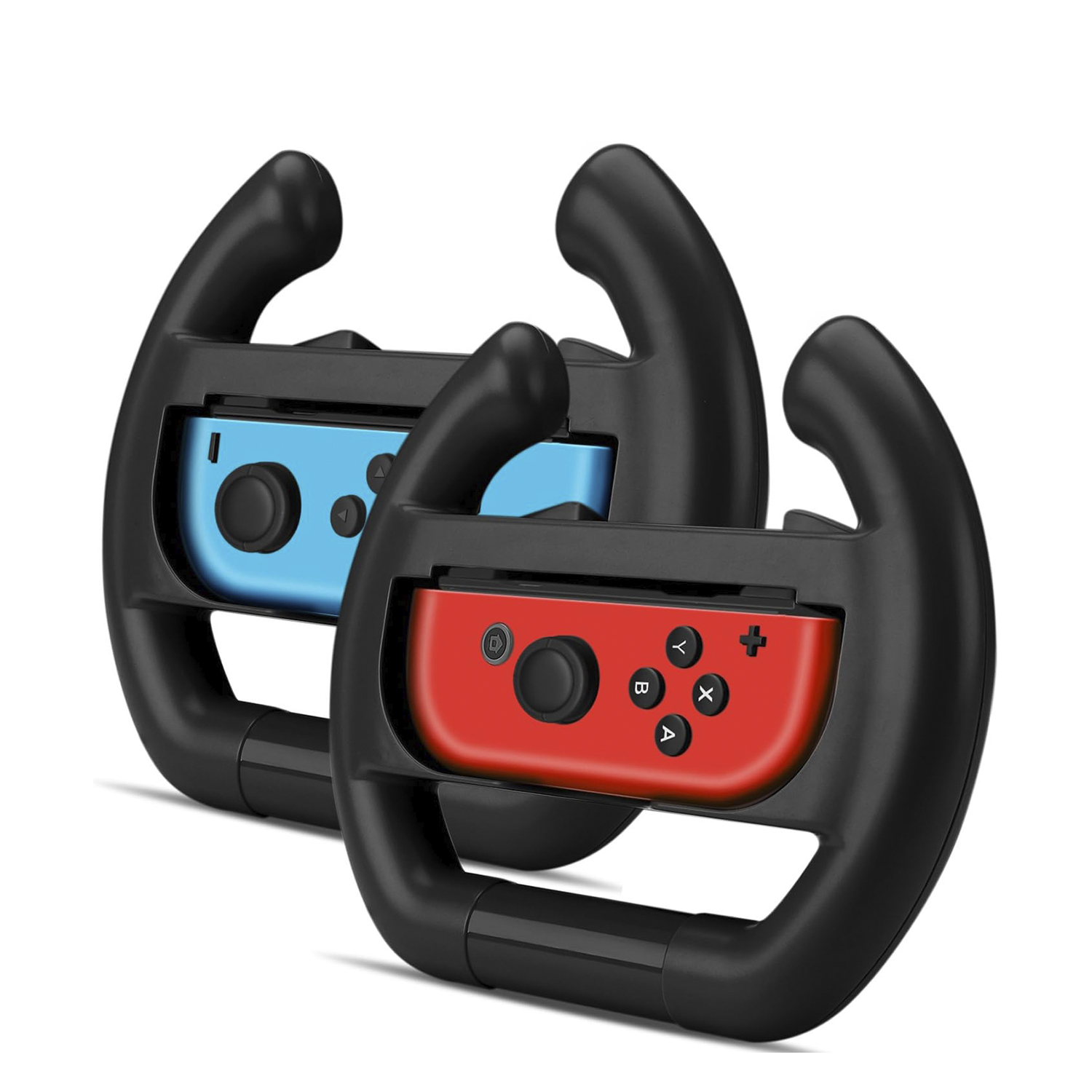 Due accessori per volante Nintendo Switch neri. Un controller blu, uno rosso. Sfondo bianco.