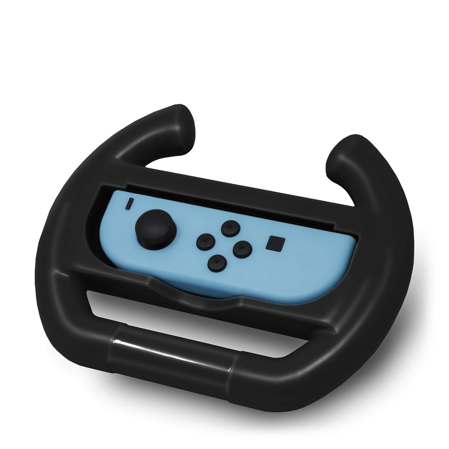 Controller volante nero con un Joy-Con blu inserito, su sfondo bianco.