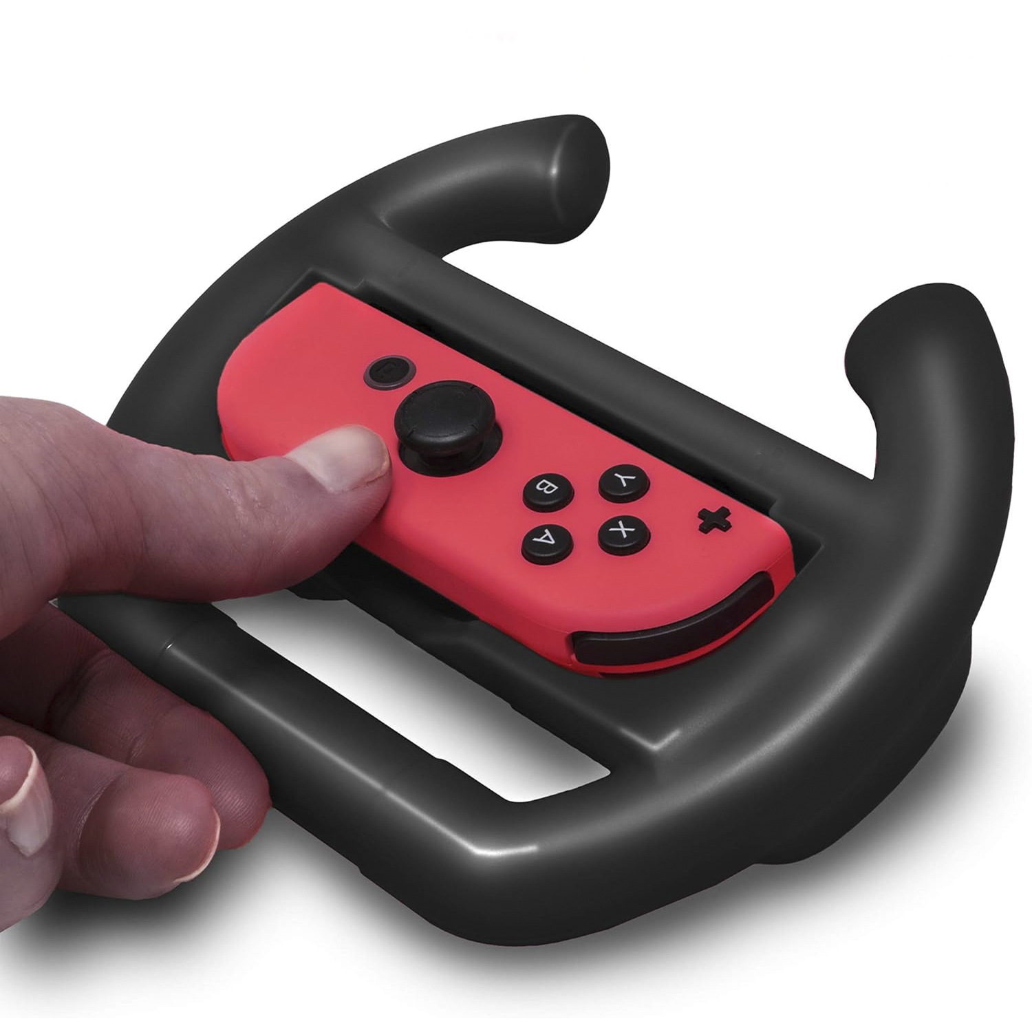 Controller a volante nero con un Joy-Con Nintendo Switch rosso attaccato al centro.