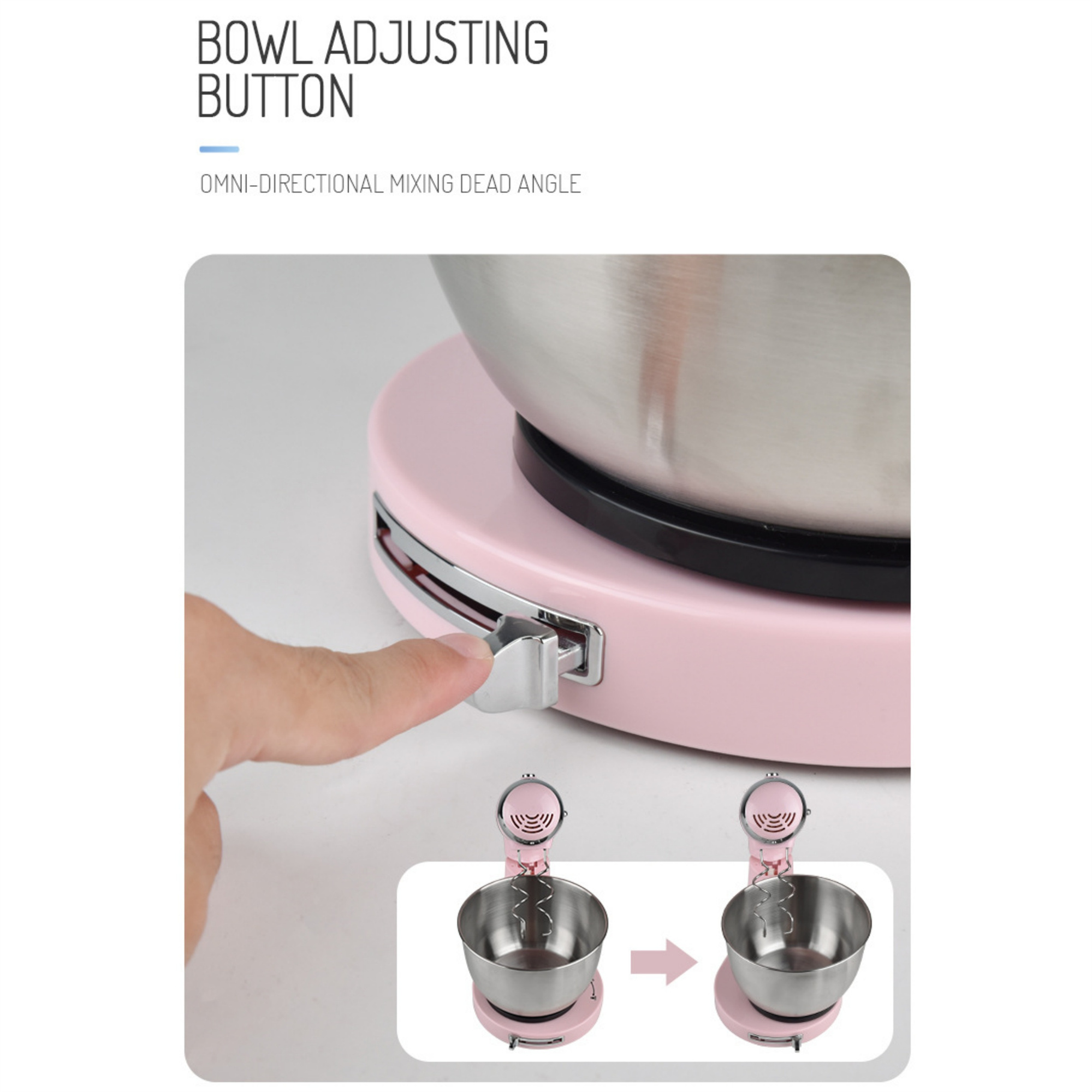 Ein rosa Küchenmixer mit einer Schüssel-Einstelltaste. Eine Hand drückt die Taste. Zwei Mixer werden gezeigt.