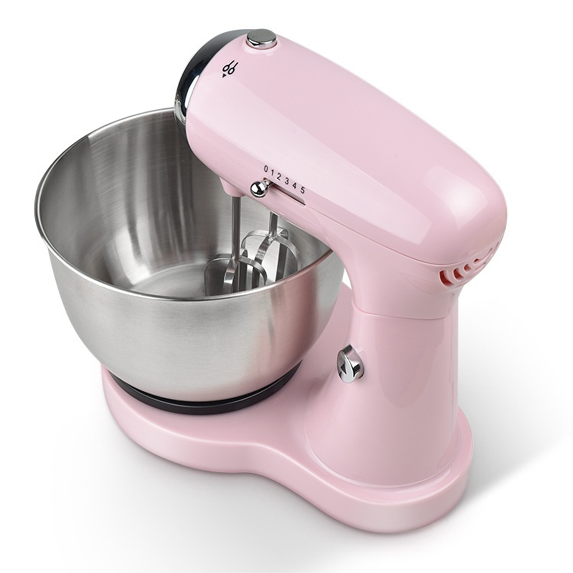 Ein rosa Standmixer mit einer Edelstahlschüssel, vor weißem Hintergrund.