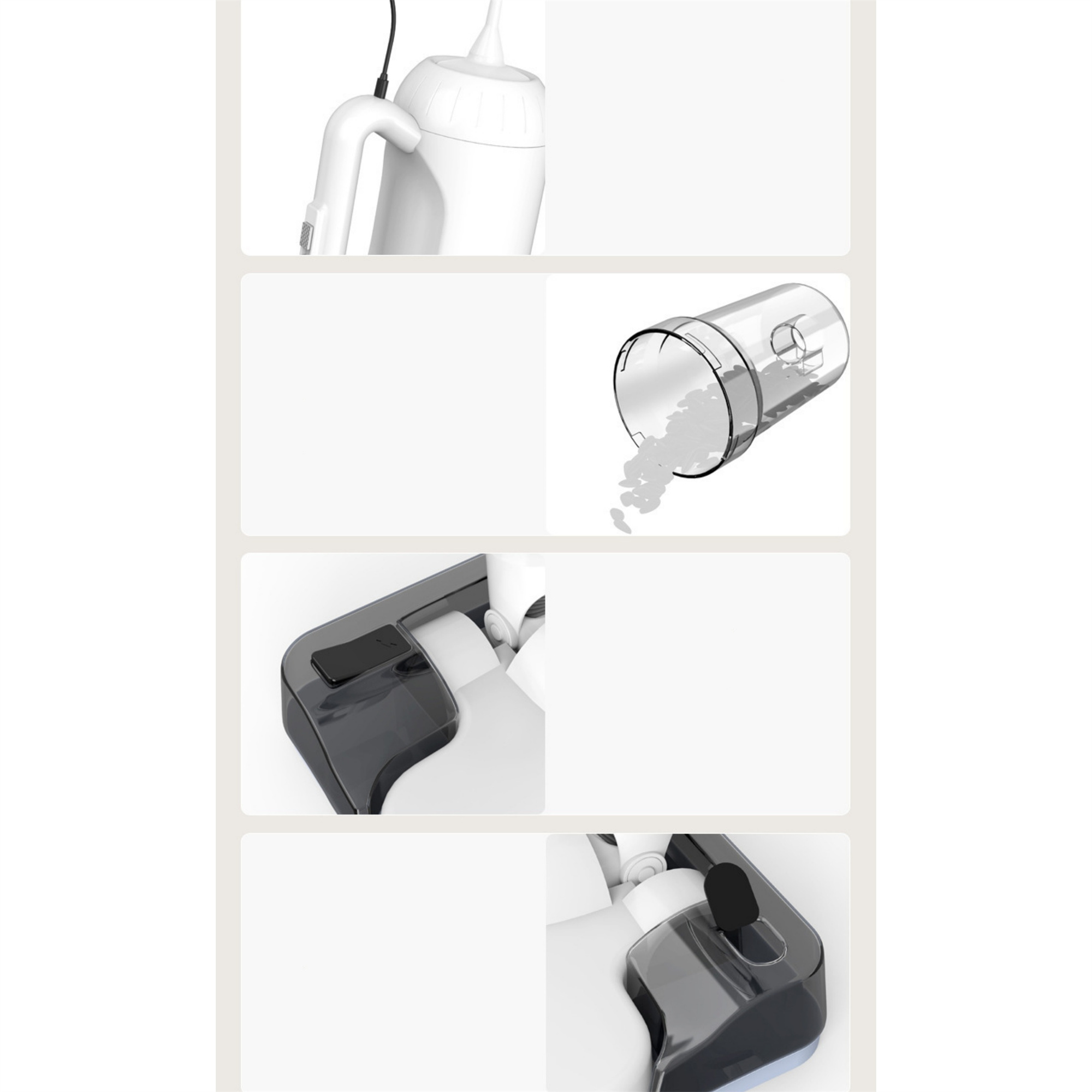 Das Bild zeigt ein Produkt, das einen weißen Behälter mit Teilen und ein schwarzes Kabel zeigt.