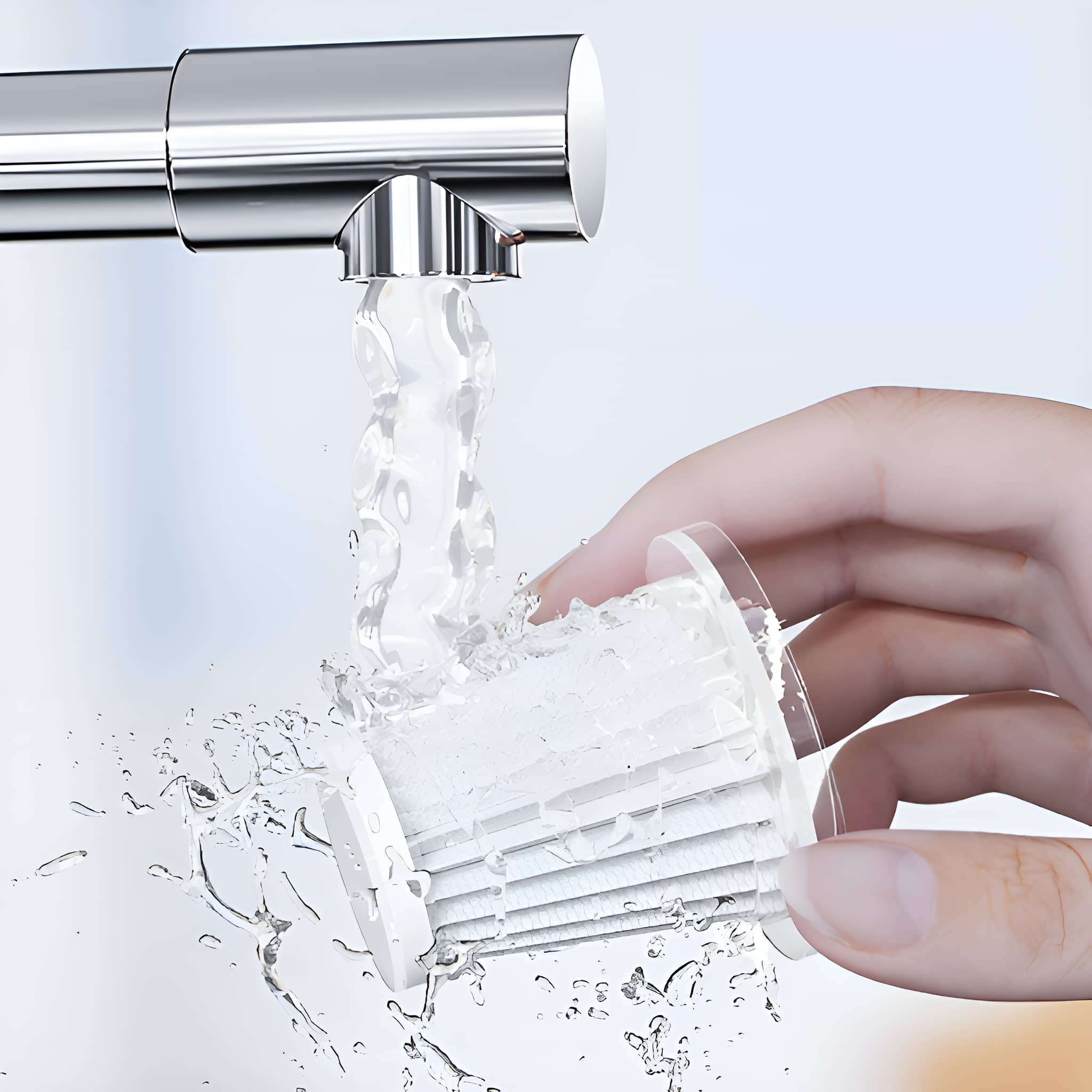 Hand spült weißen Filter unter Chromarmatur, Wasser spritzt.