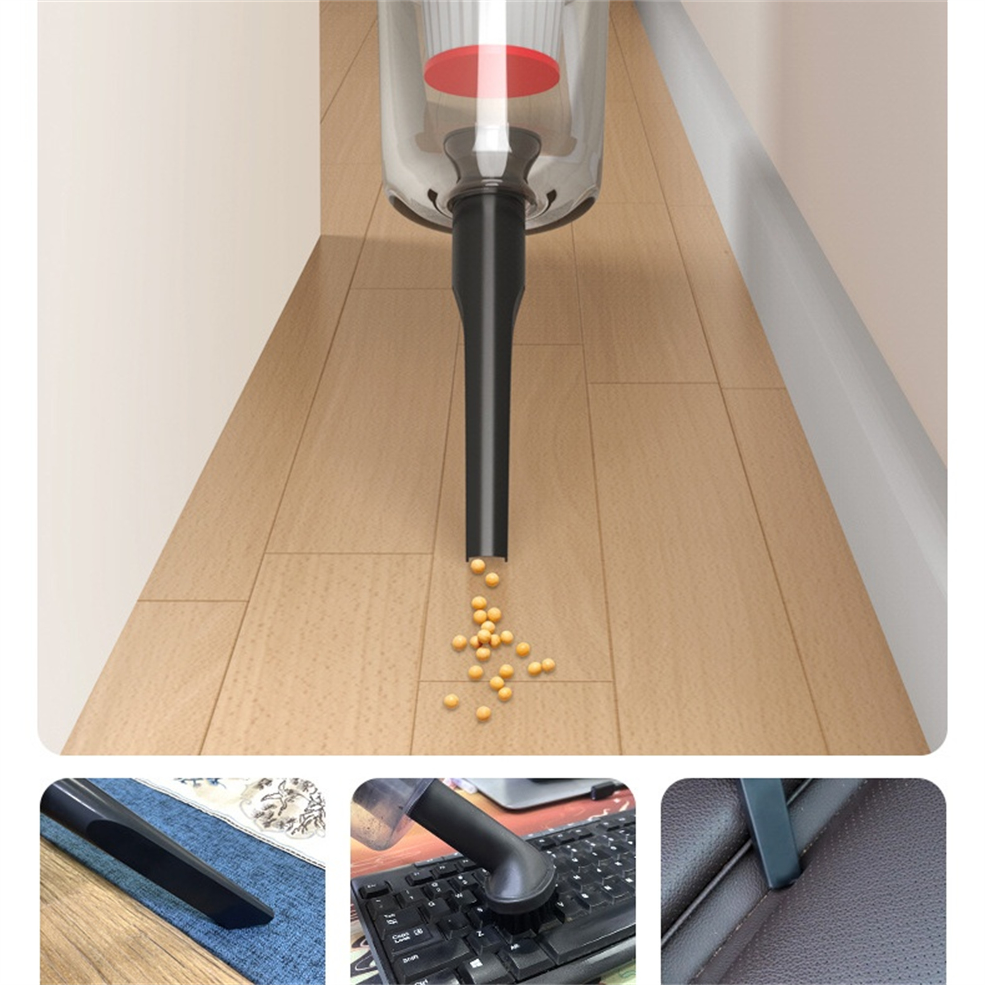 Ein Staubsauger reinigt einen Raum; Nahaufnahmen vom Staubsaugen eines Teppichs, einer Tastatur und eines Autositzes.