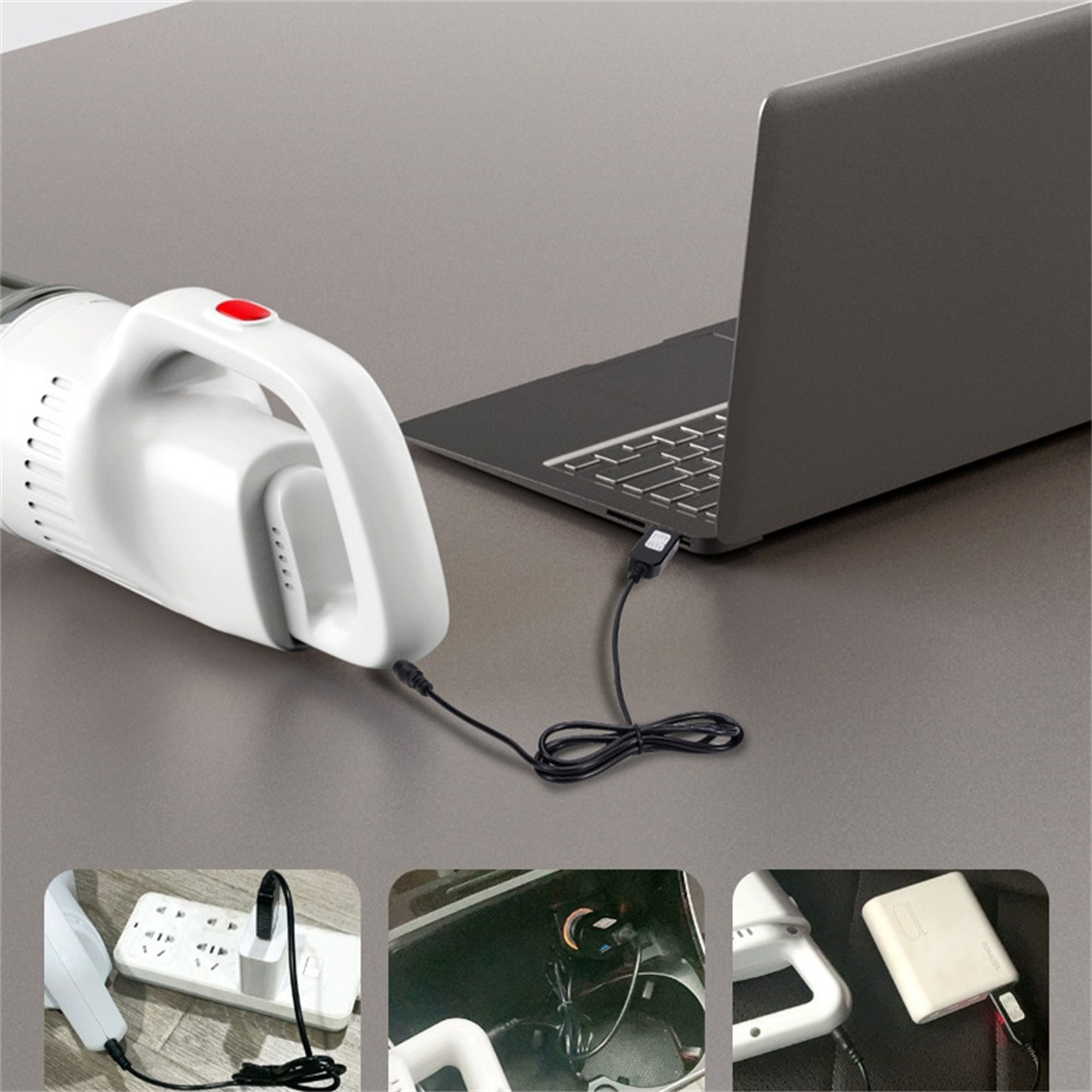Staubsauger, der von einem Laptop und anderen Stromquellen aufgeladen wird.