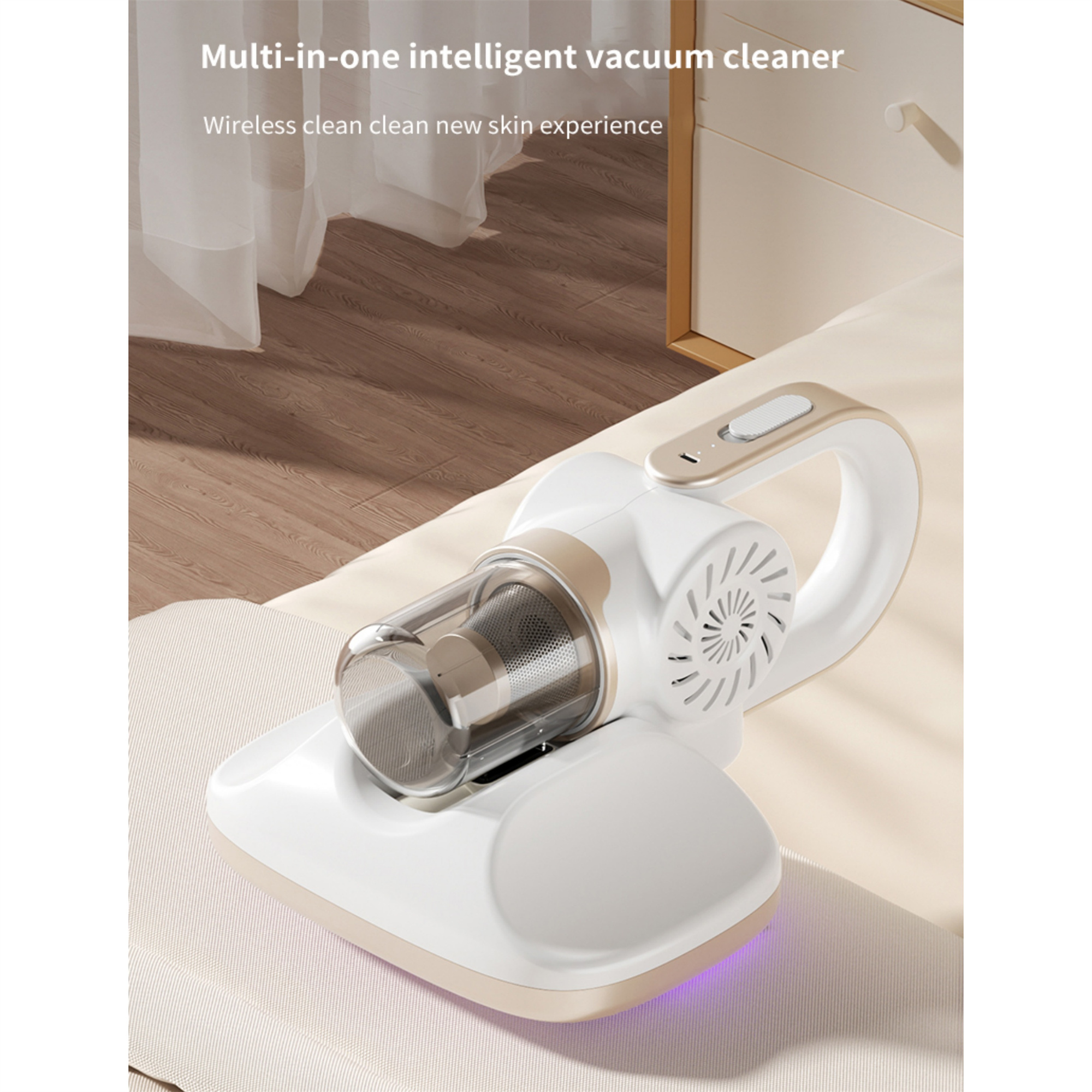 Ein weißer und goldfarbener kabelloser Staubsauger auf einer beigen Oberfläche.