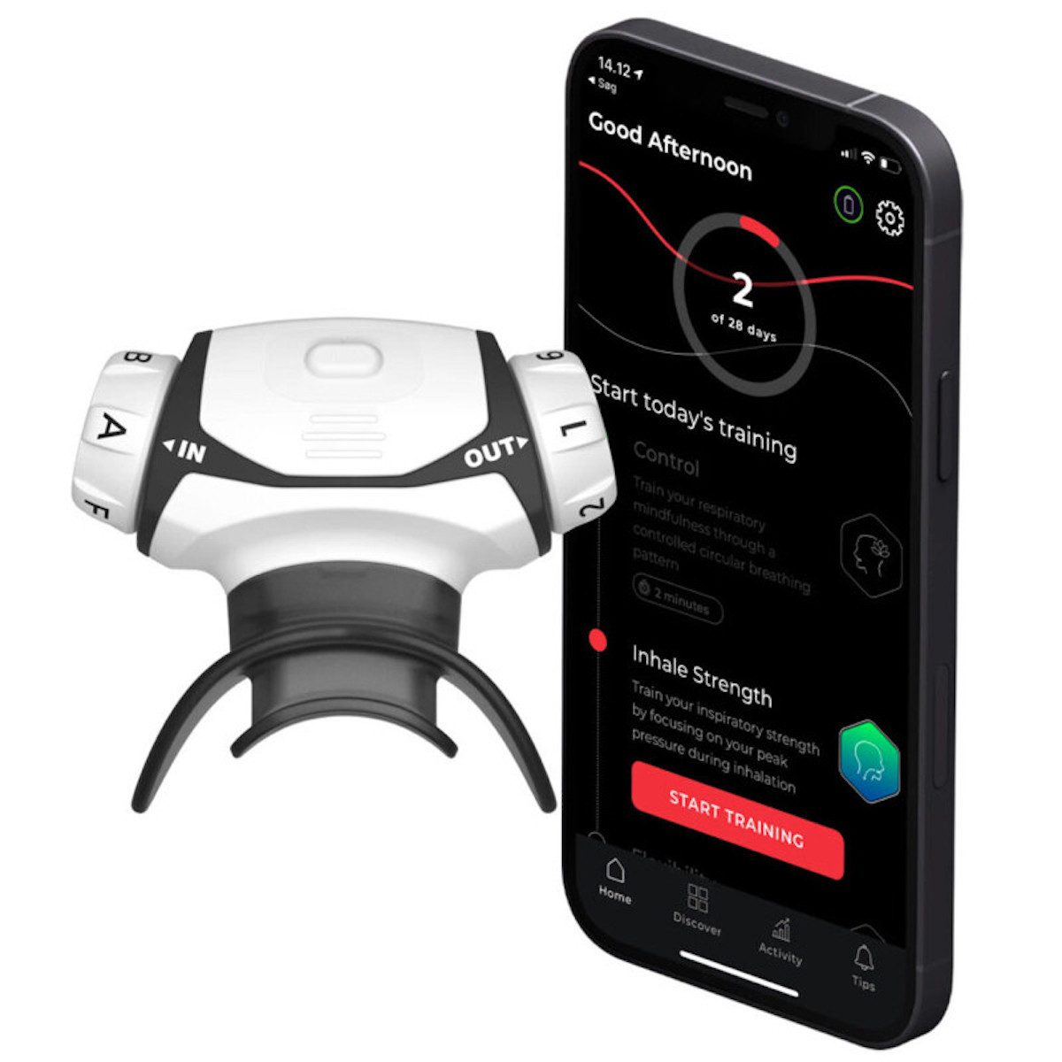 Ein Atemgerät mit einem Mobiltelefon, das Trainingsdaten anzeigt.