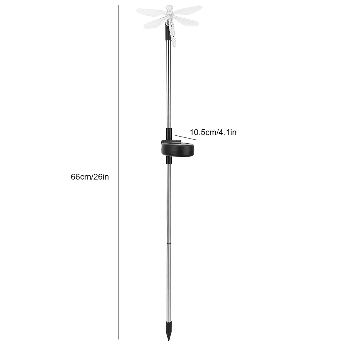 Ein Solar-Gartenstecker mit Libellenaufsatz. Misst 66 cm hoch, mit einer Breite von 10,5 cm/4,1 Zoll.
