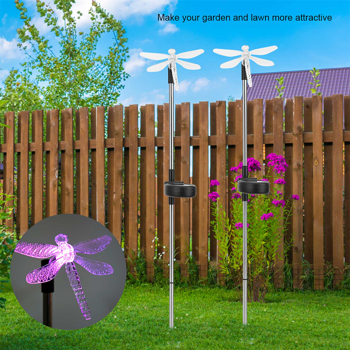 Gartenszene mit zwei Solar-Libellenlichtern und Holzzaun. Text: 'Machen Sie Ihren Garten attraktiver'.