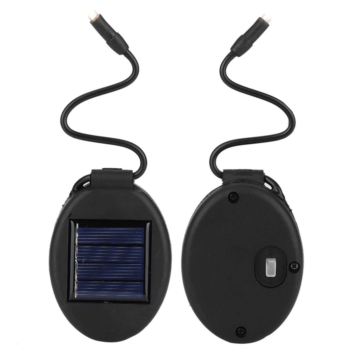 Zwei solarbetriebene Lichter mit schwarzem Gehäuse und angebrachten Drähten.
