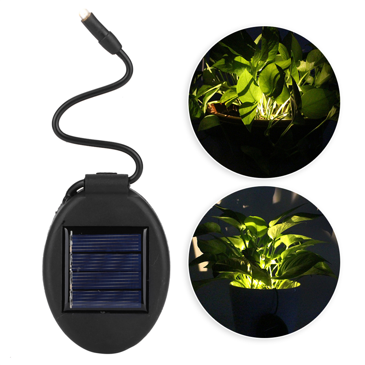 Ein Solarpanel mit Licht und zwei beleuchteten Topfpflanzen. Das Solarpanel hat einen schwarzen Draht.