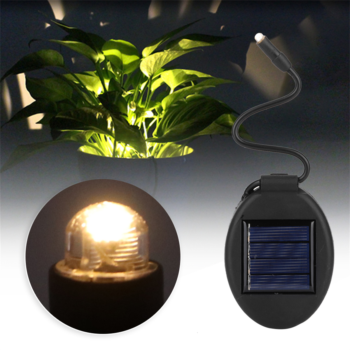 Pflanze mit Licht und Solarpanel. Licht ist an, fokussiert auf eine kleine helle Glühbirne, Solarpanel im Schatten.