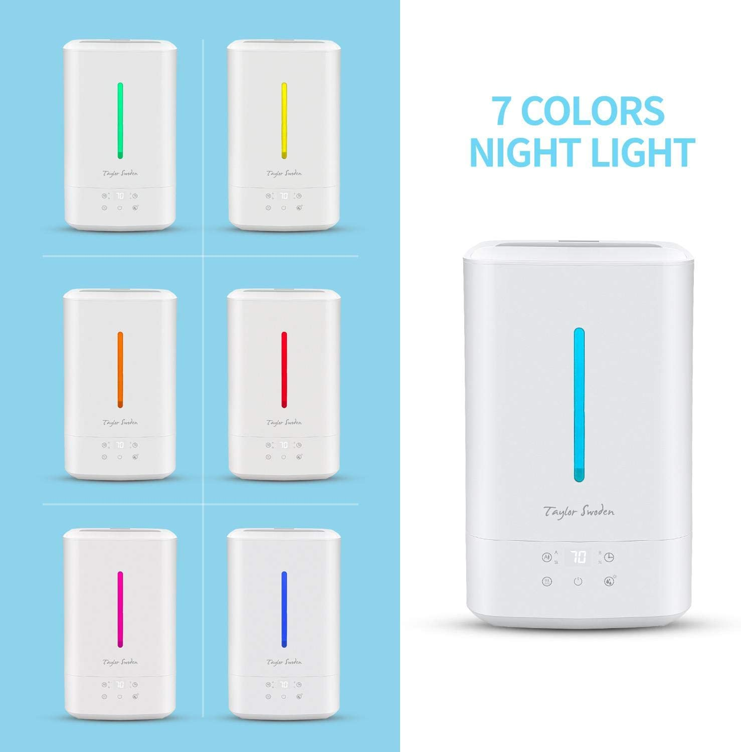 Biały nawilżacz z siedmioma opcjami kolorów. Tekst: '7 COLORS NIGHT LIGHT'. Posiada przyciski.