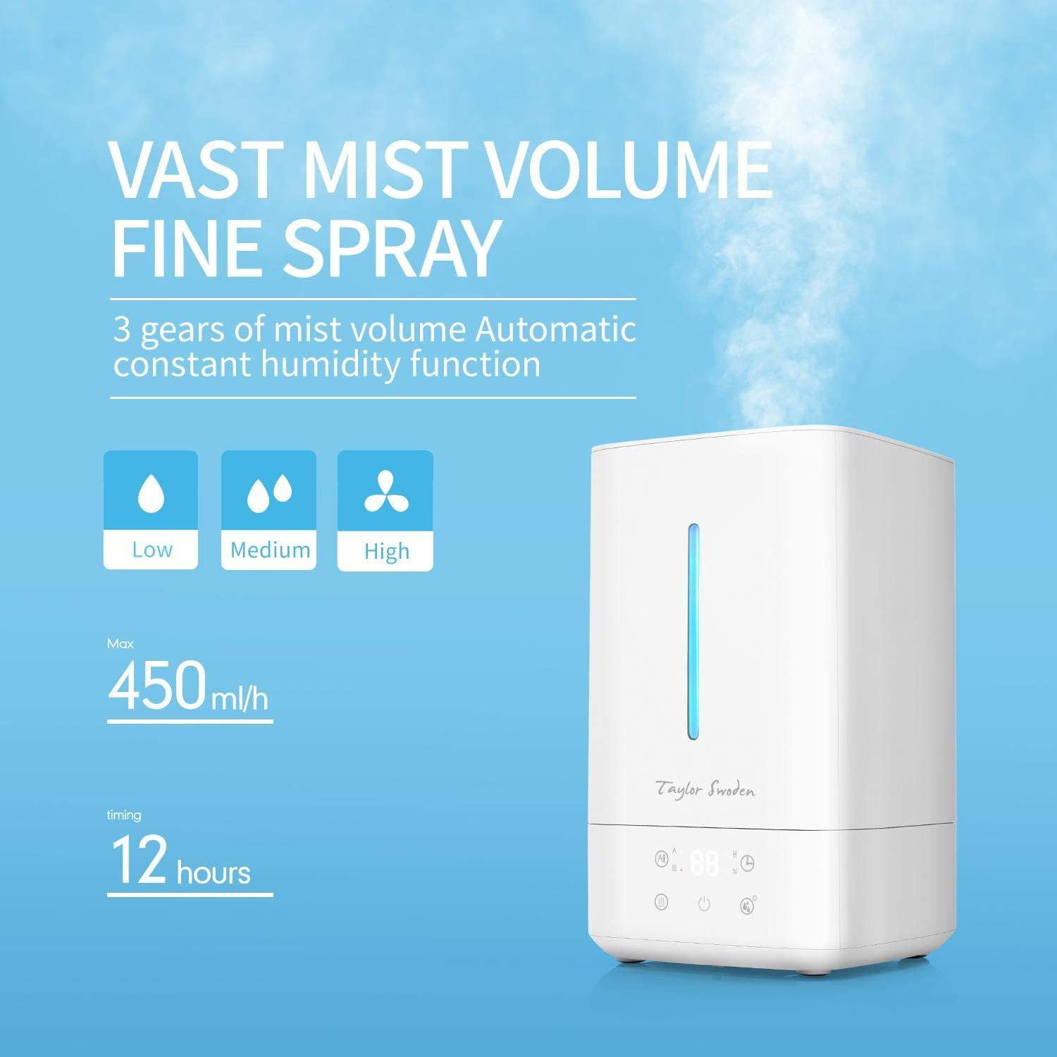 Biały nawilżacz z niebieskim światłem, z tekstem o objętości i czasie.