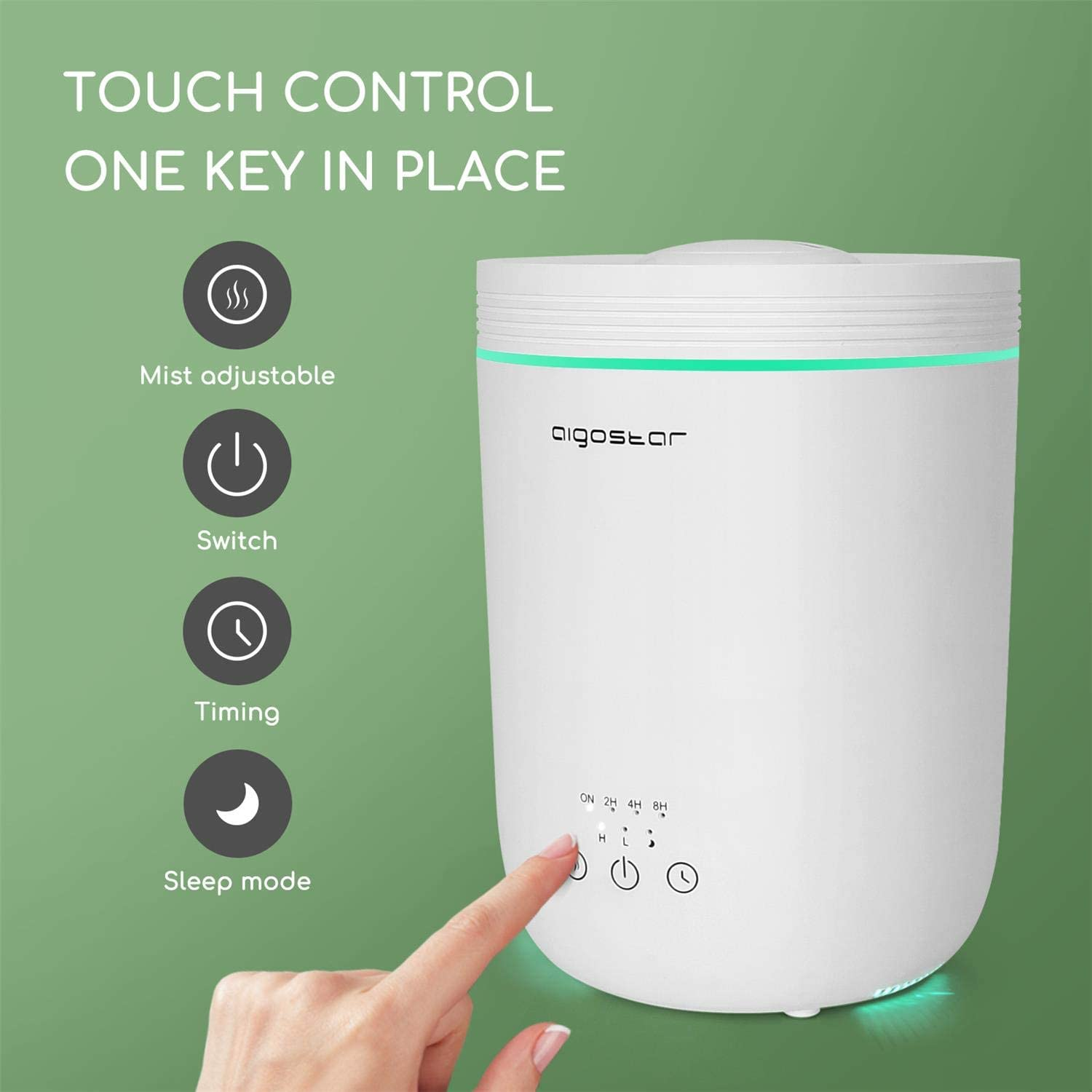 Umidificatore bianco con comandi touch. Un dito tocca il pulsante di accensione. Icone delle impostazioni visualizzate.