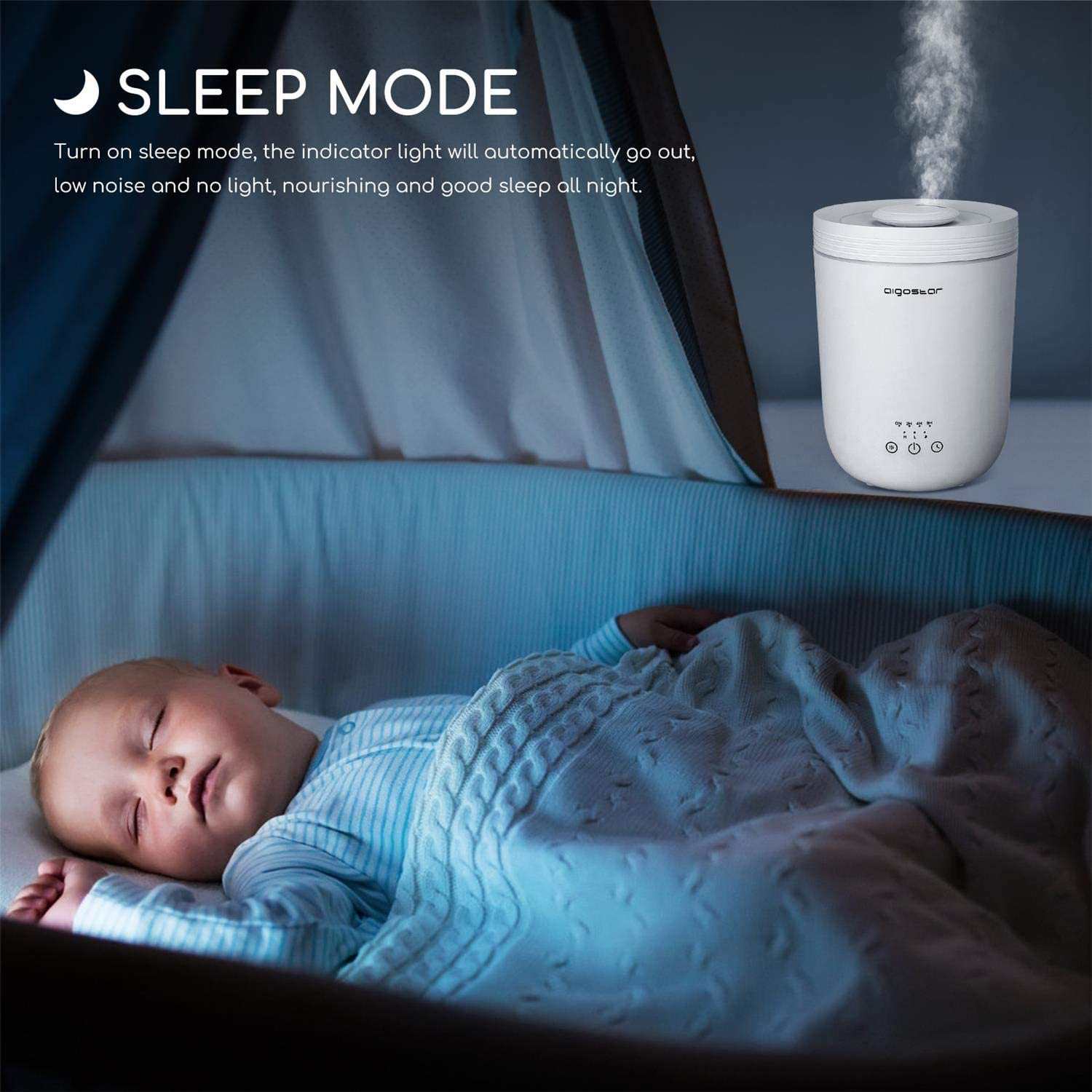 Un bambino che dorme in una culla con un umidificatore. Modalità sleep visualizzata.