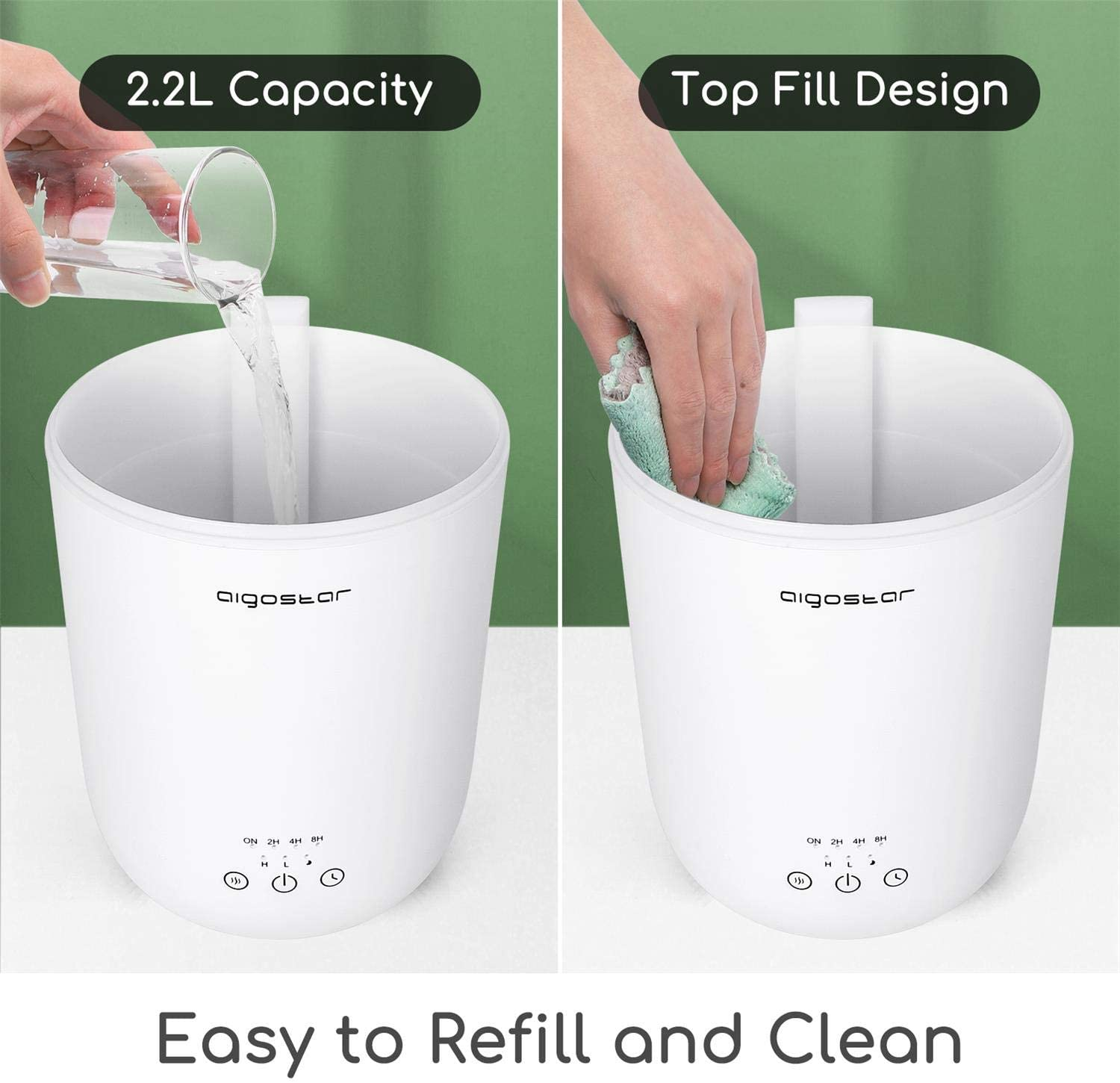 Due immagini che mostrano un umidificatore bianco. Uno si riempie d'acqua, l'altro viene pulito con un panno.