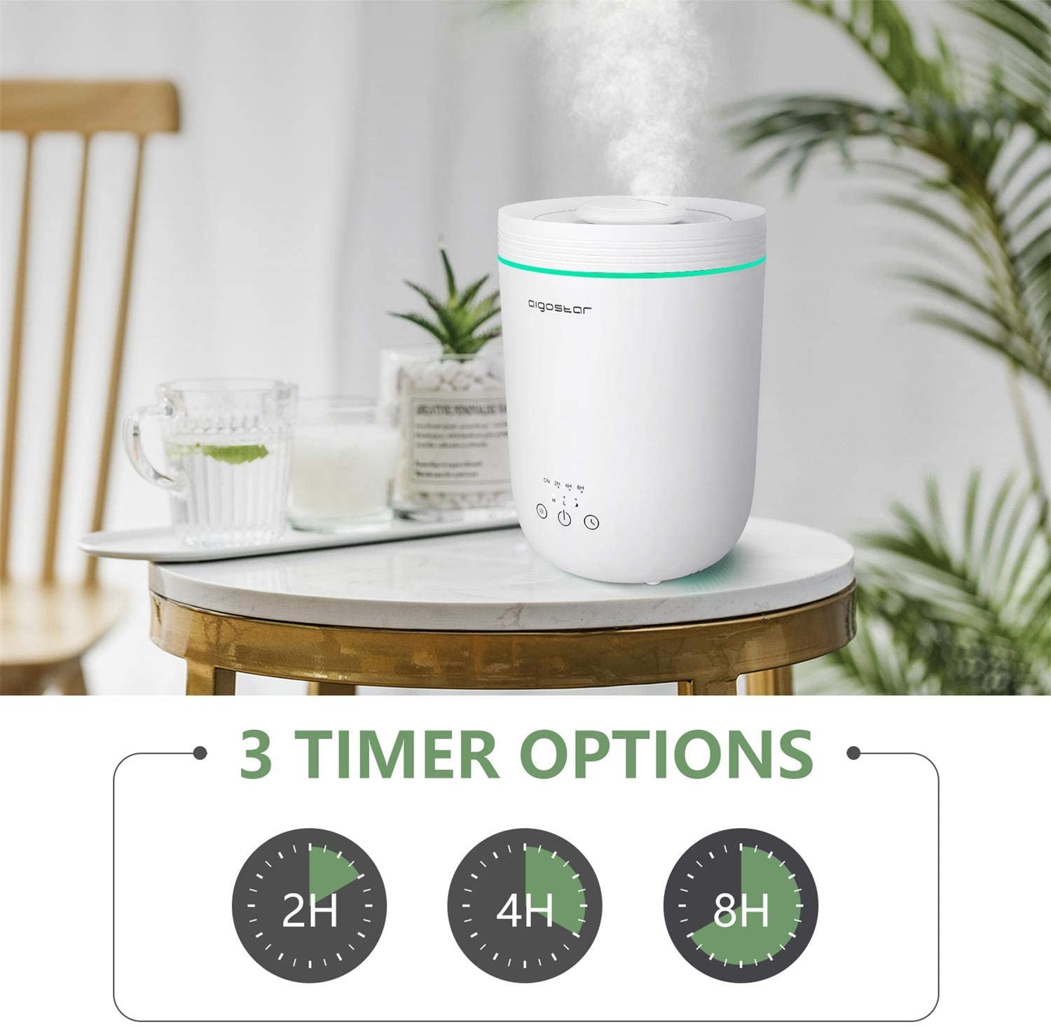 Umidificatore bianco con 3 opzioni timer: 2H, 4H e 8H.