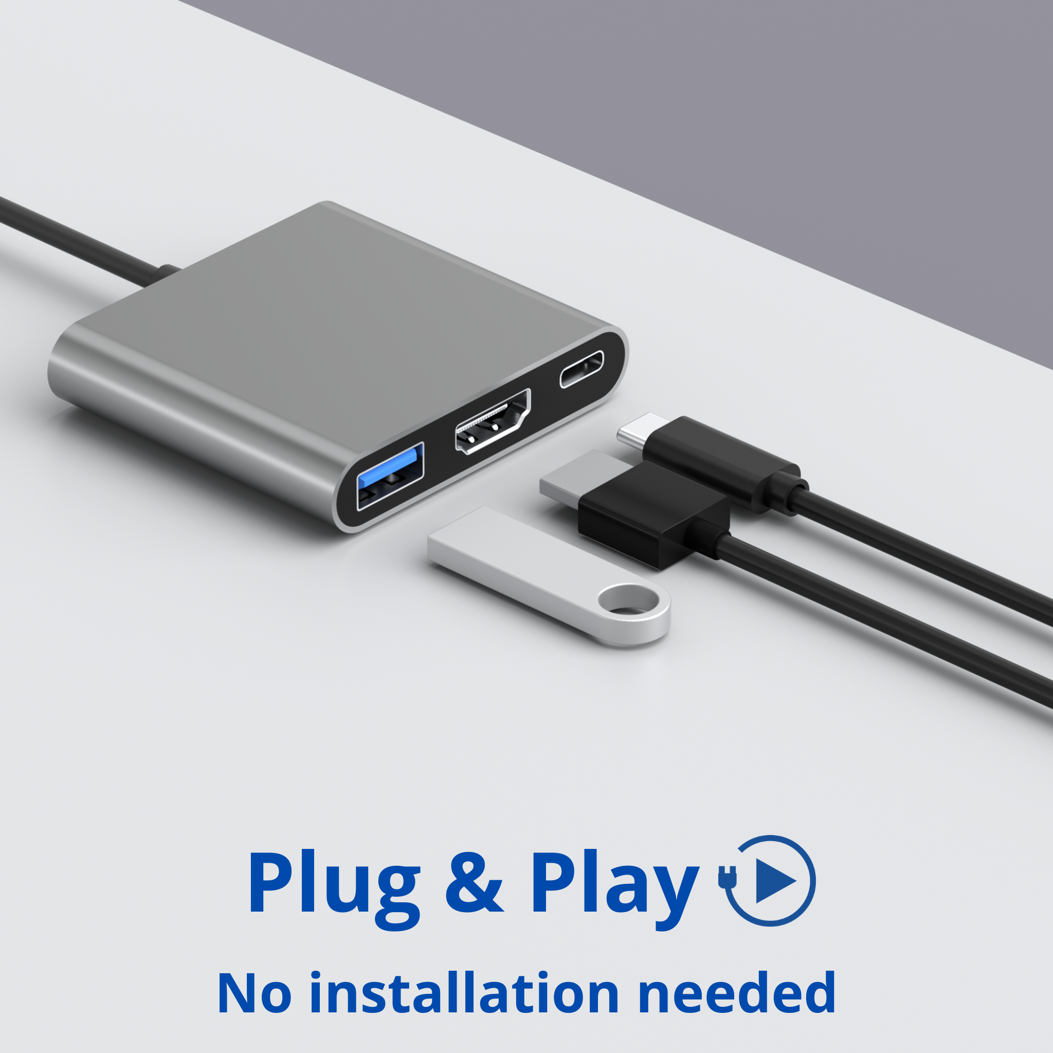 Hub USB argenté avec divers ports et câbles connectés. Texte : 'Plug & Play Aucune installation requise'.