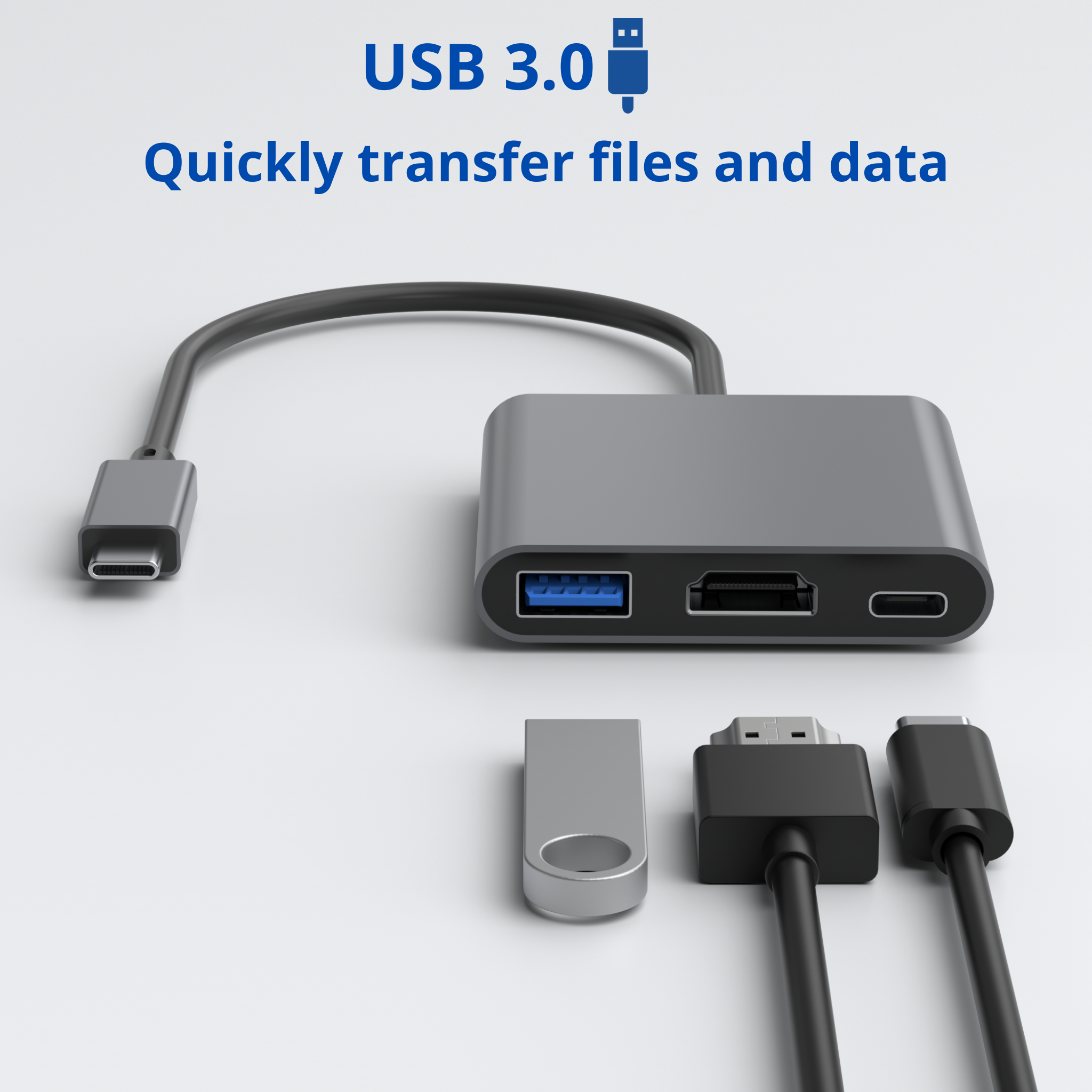 Un hub USB 3.0 avec plusieurs ports et câbles. Des câbles, dont USB-C et USB-A, sont connectés.
