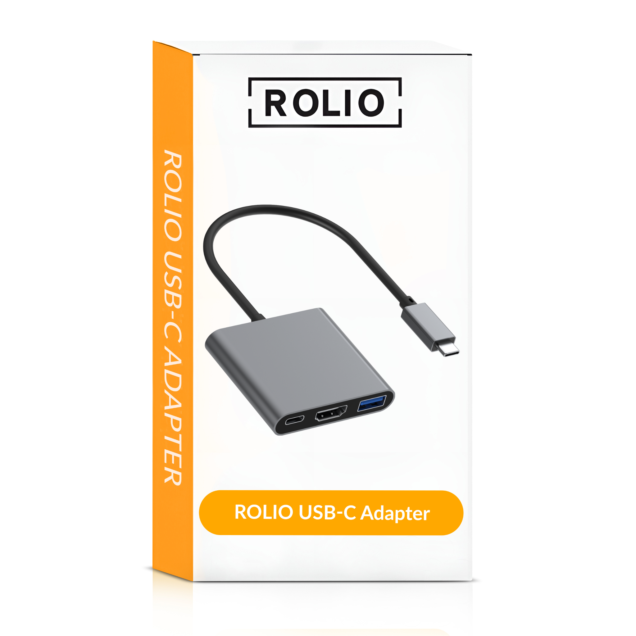 Une boîte blanche avec un adaptateur gris et un câble USB-C sur fond blanc.