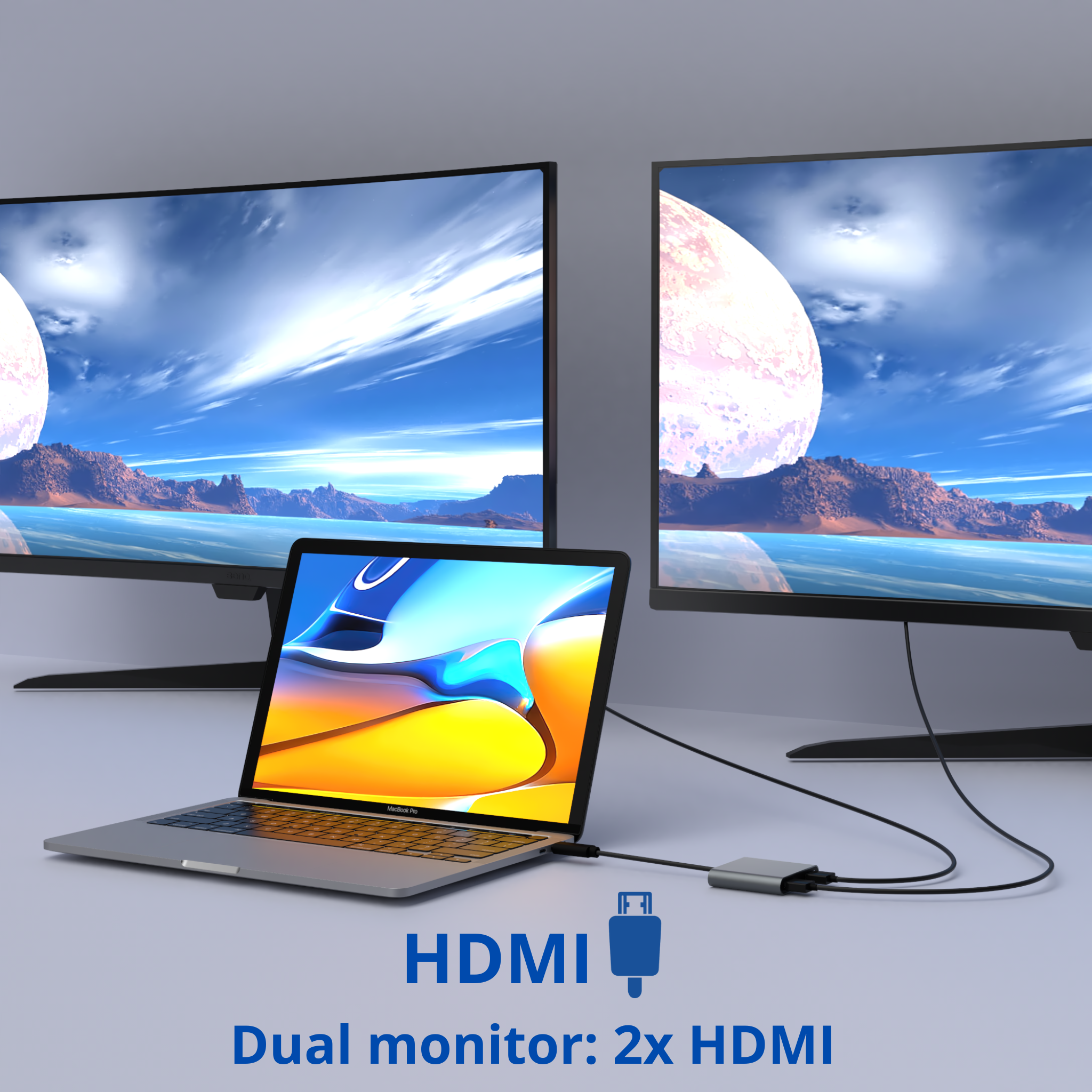 Ordinateur portable connecté à deux moniteurs via un hub HDMI. Texte: 'HDMI Dual monitor: 2x HDMI'.