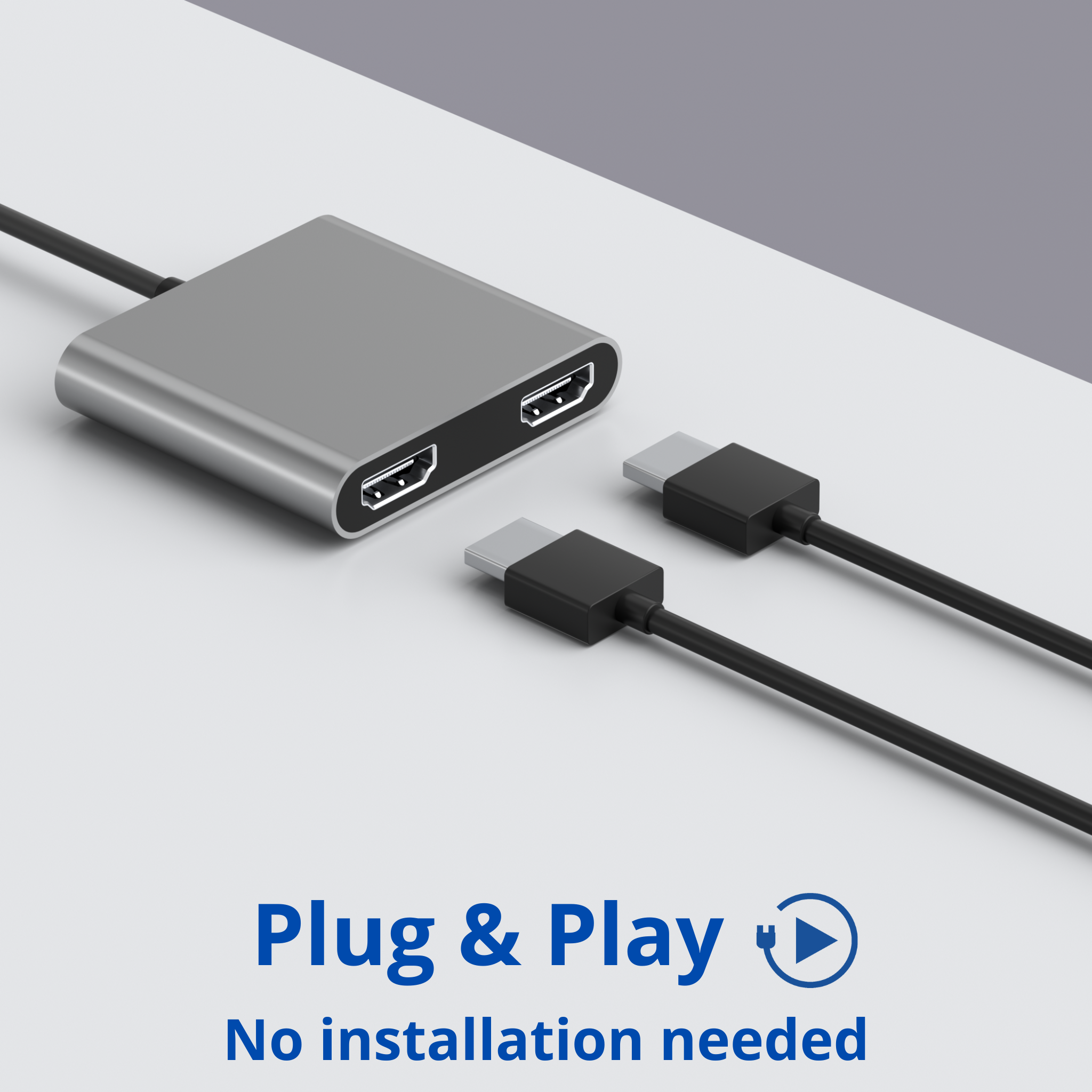 Adaptateur argenté avec deux ports HDMI et deux câbles noirs, texte « Plug & Play », aucune installation requise.