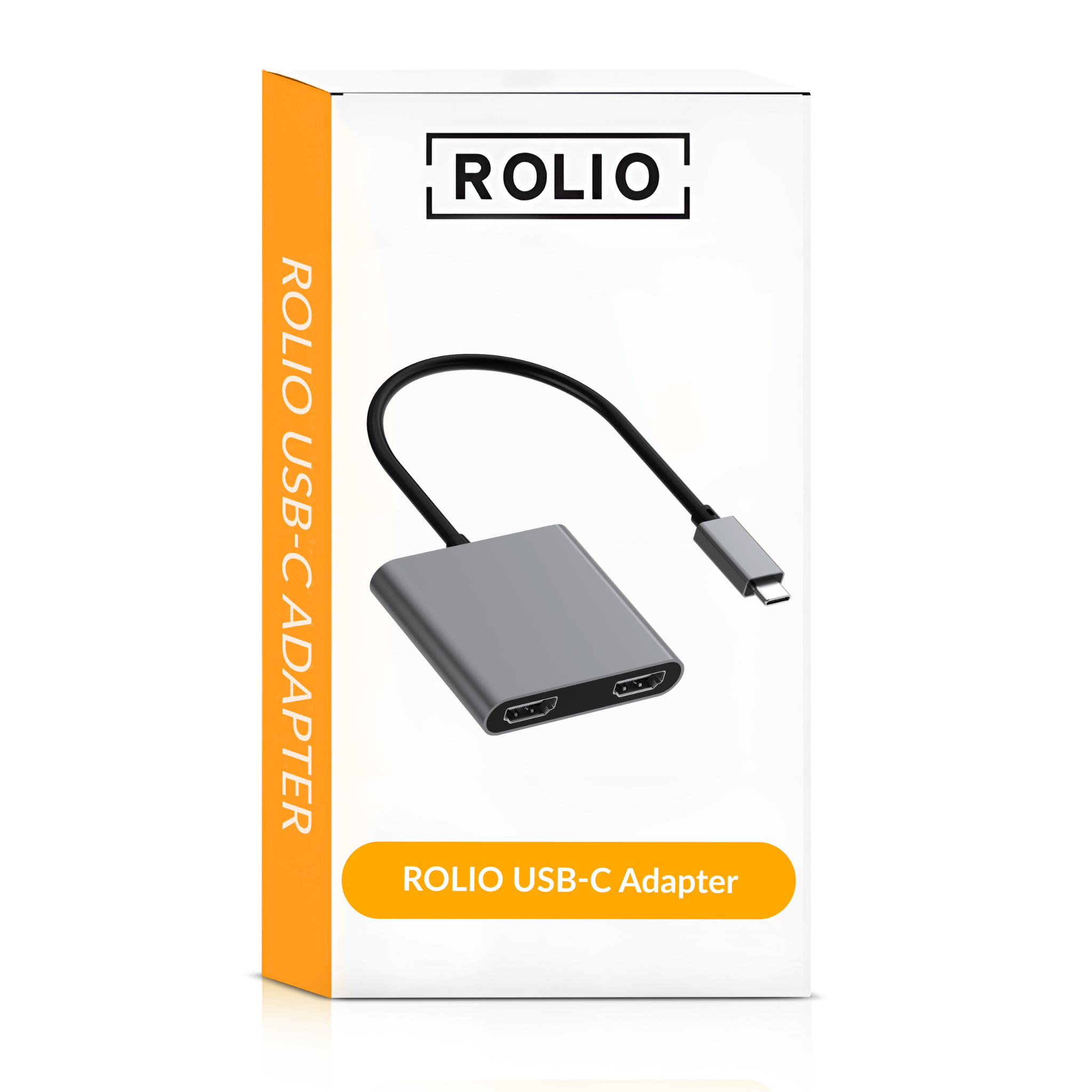 Une boîte blanche avec un adaptateur USB-C et le logo ROLIO.
