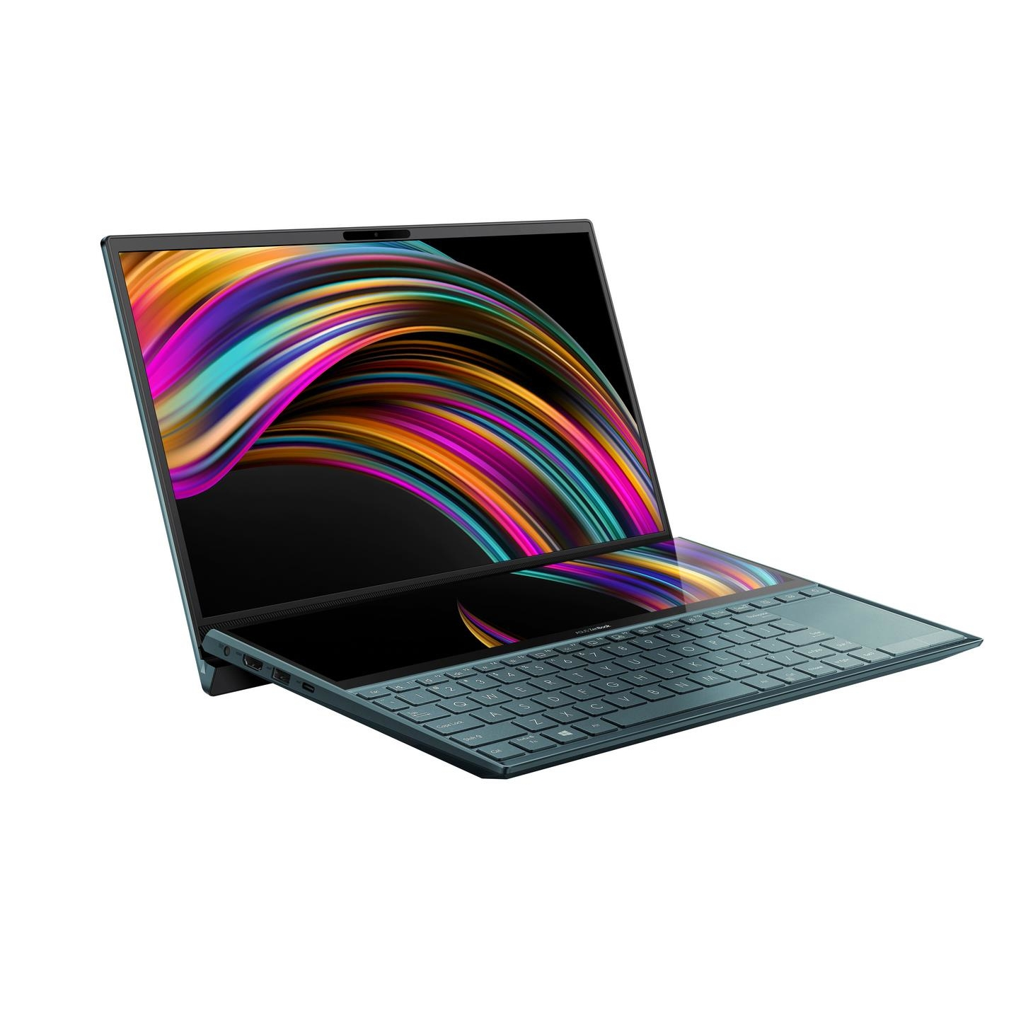Un laptop blu-verde con due schermi aperti, che mostrano grafiche colorate su sfondo bianco.