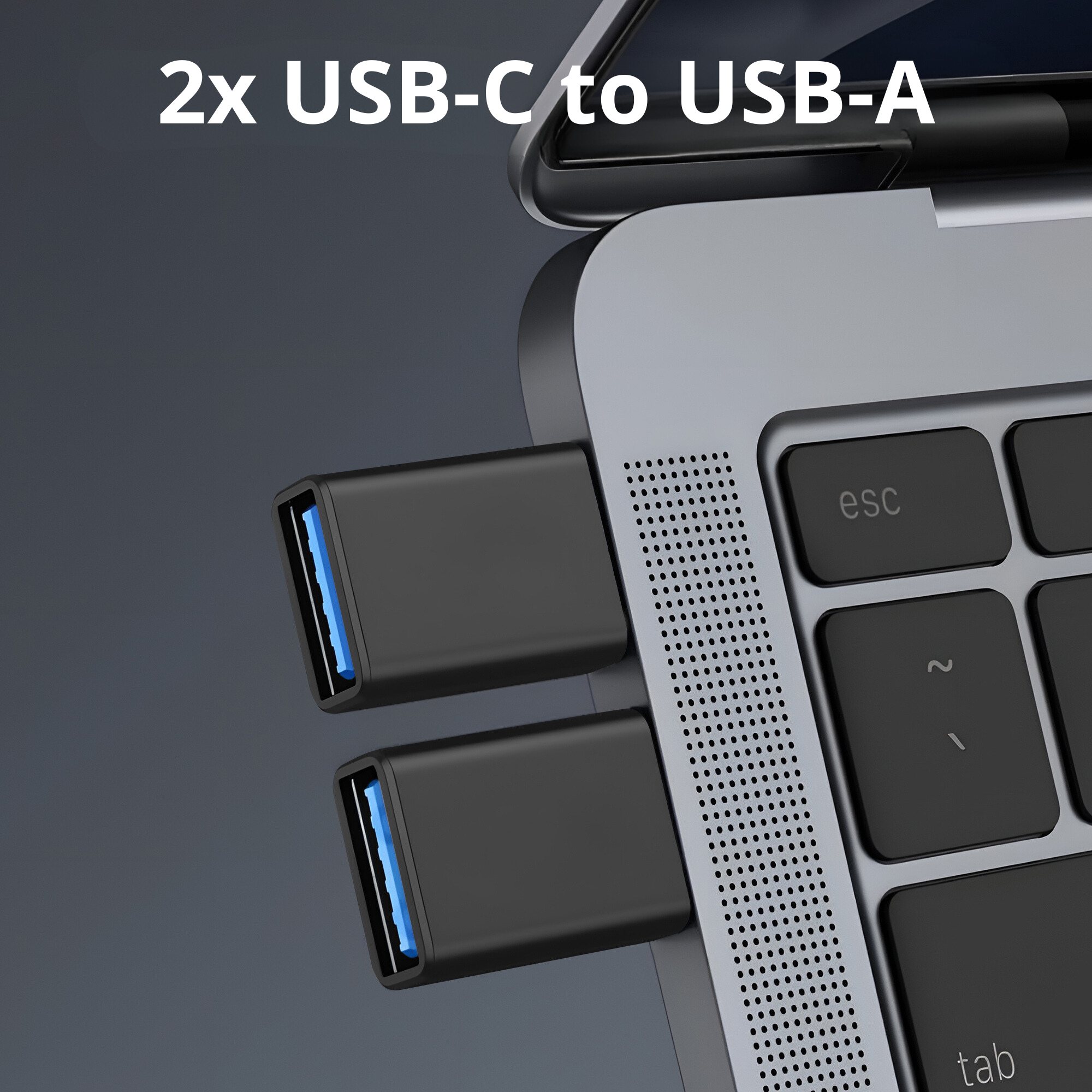 Deux adaptateurs USB noirs branchés sur un ordinateur portable, avec du texte au-dessus.