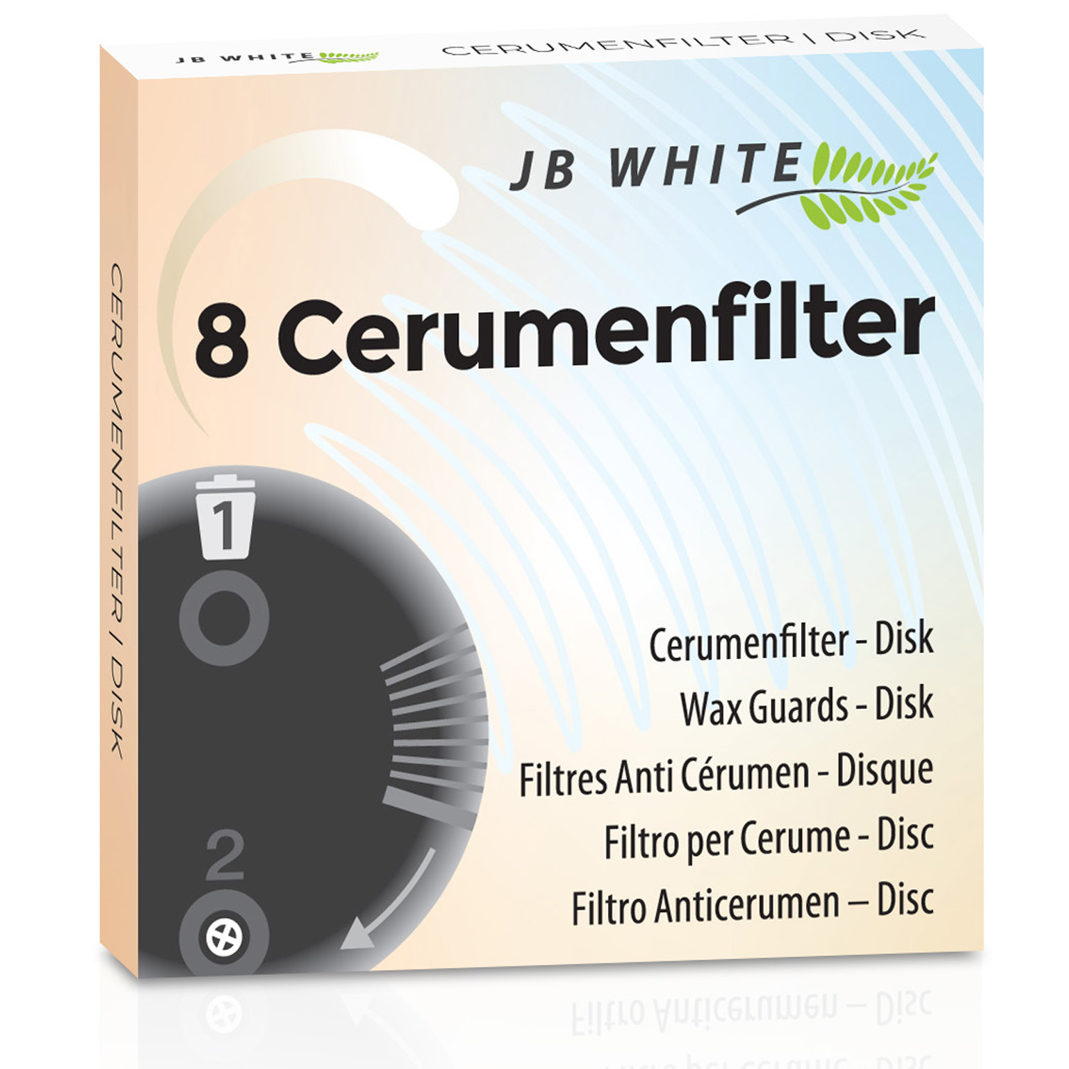 Schachtel mit Ohrenschmalzfiltern. Weiß mit schwarzem und grünem Text und Design.