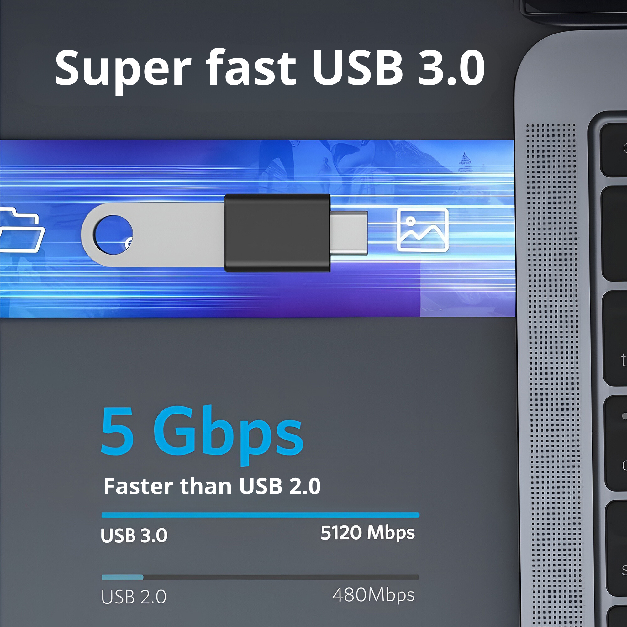 Une clé USB 3.0 est affichée à côté du texte. Elle prétend être à 5 Gbit/s, plus rapide que USB 2.0.