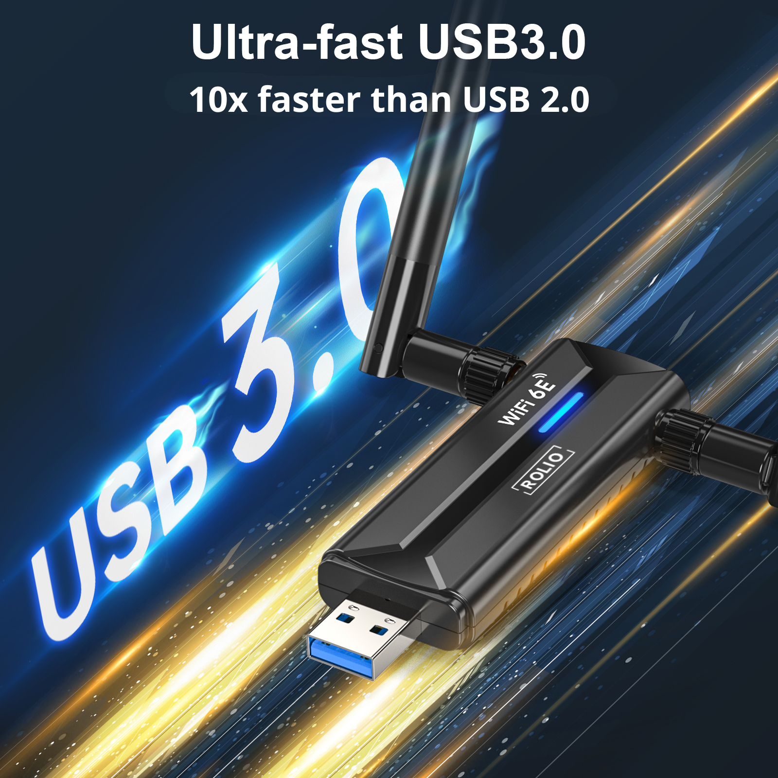 Schwarzer USB 3.0 WLAN-Adapter mit Antennen, Text bewirbt seine Geschwindigkeit.