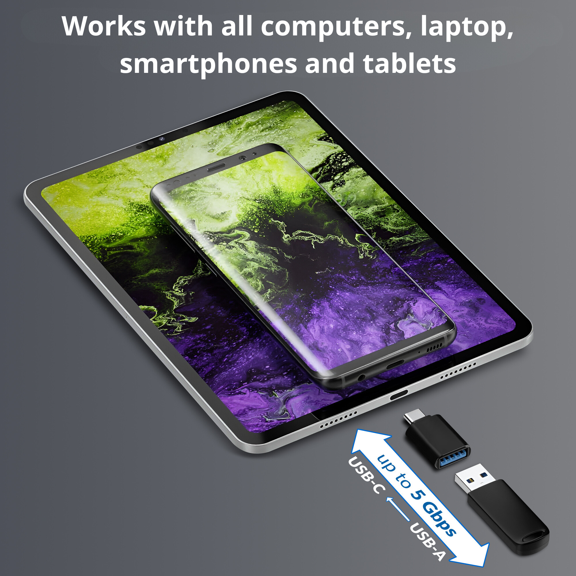 Tablette et smartphone connectés par adaptateur USB-C. Texte : Fonctionne avec tous les ordinateurs, ordinateurs portables, smartphones et tablettes.