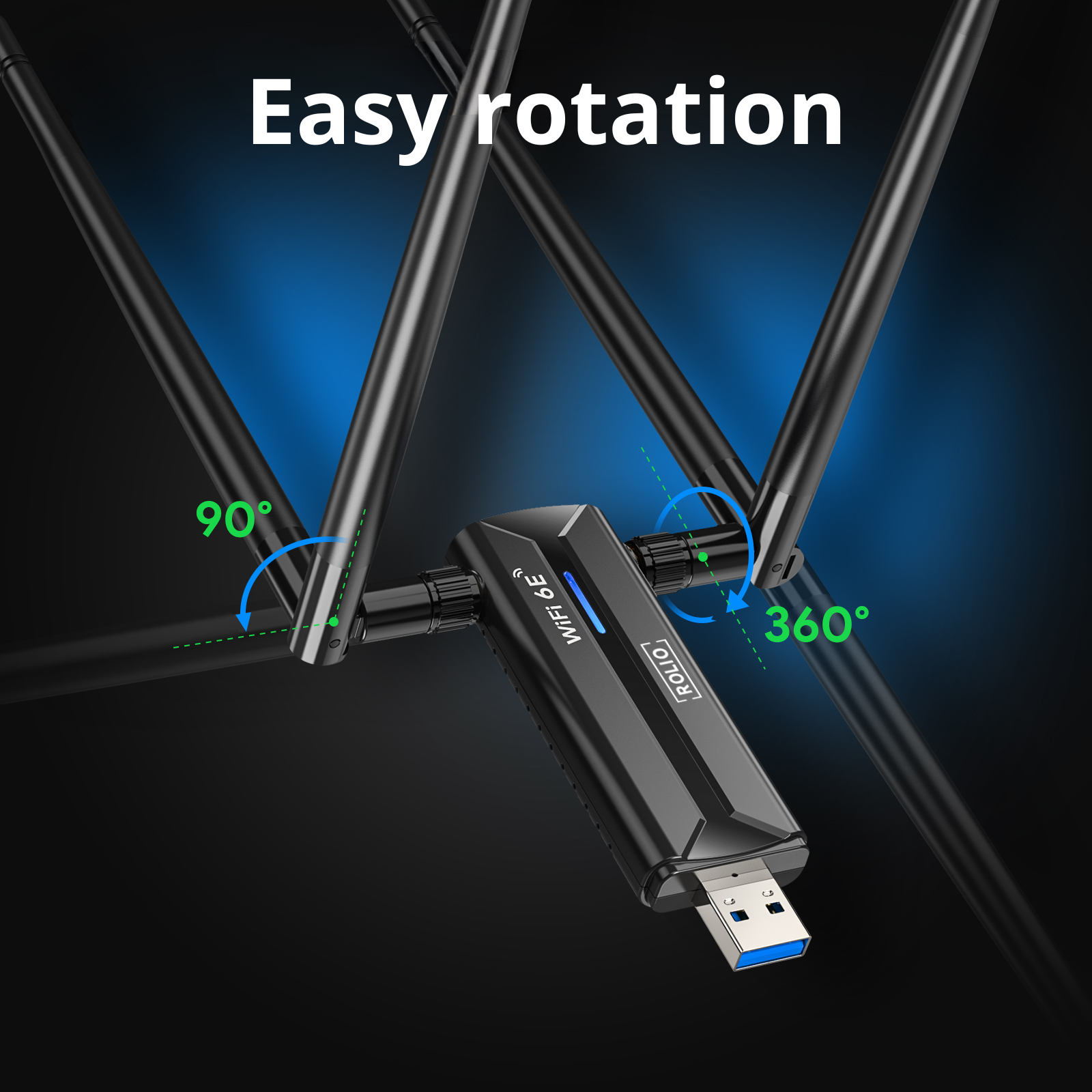 Ein schwarzer USB-WLAN-Adapter mit Antennen. Pfeile zeigen 90 und 360 Grad Drehung an.