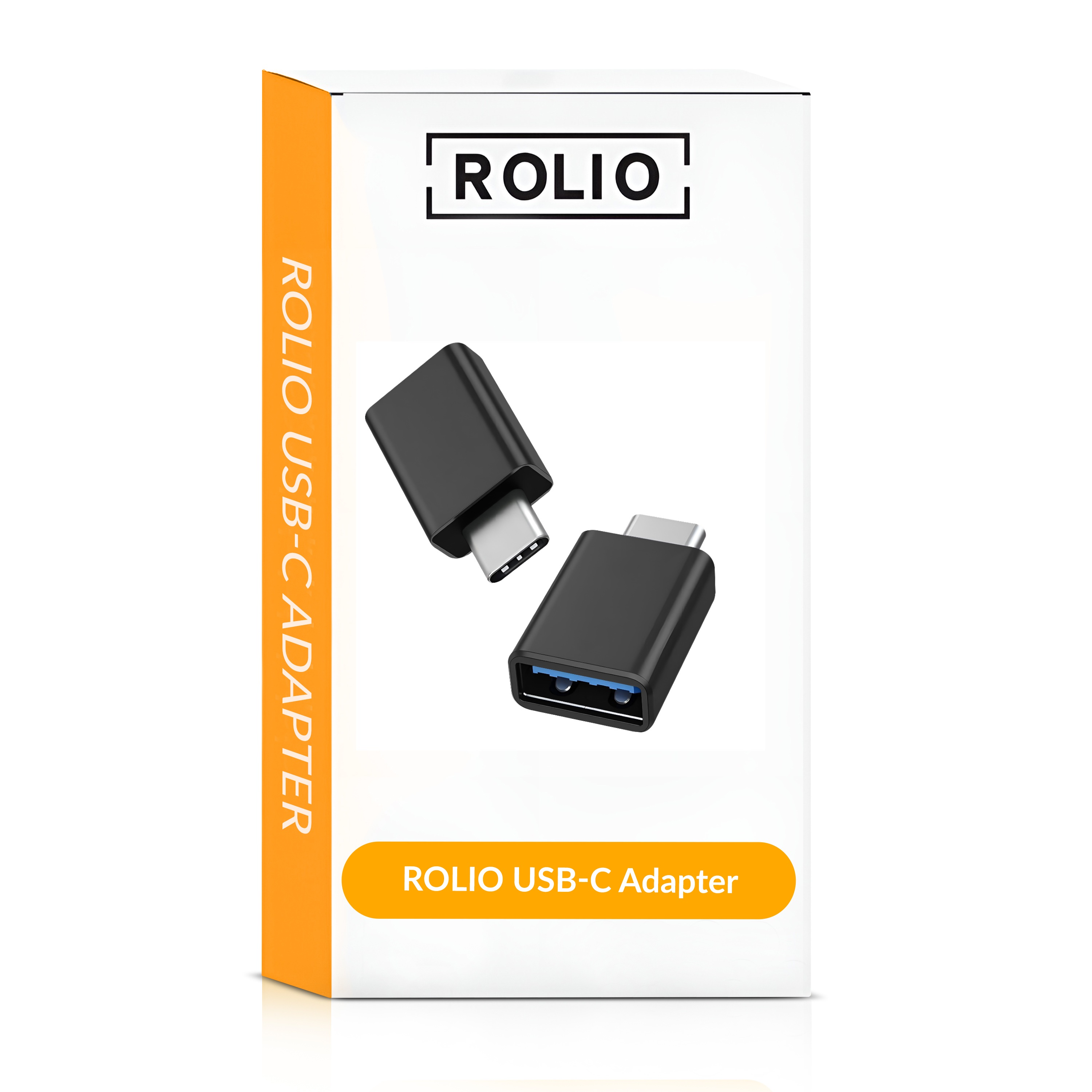 Une boîte blanche avec un adaptateur USB-C noir. La boîte porte la marque 'ROLIO'.