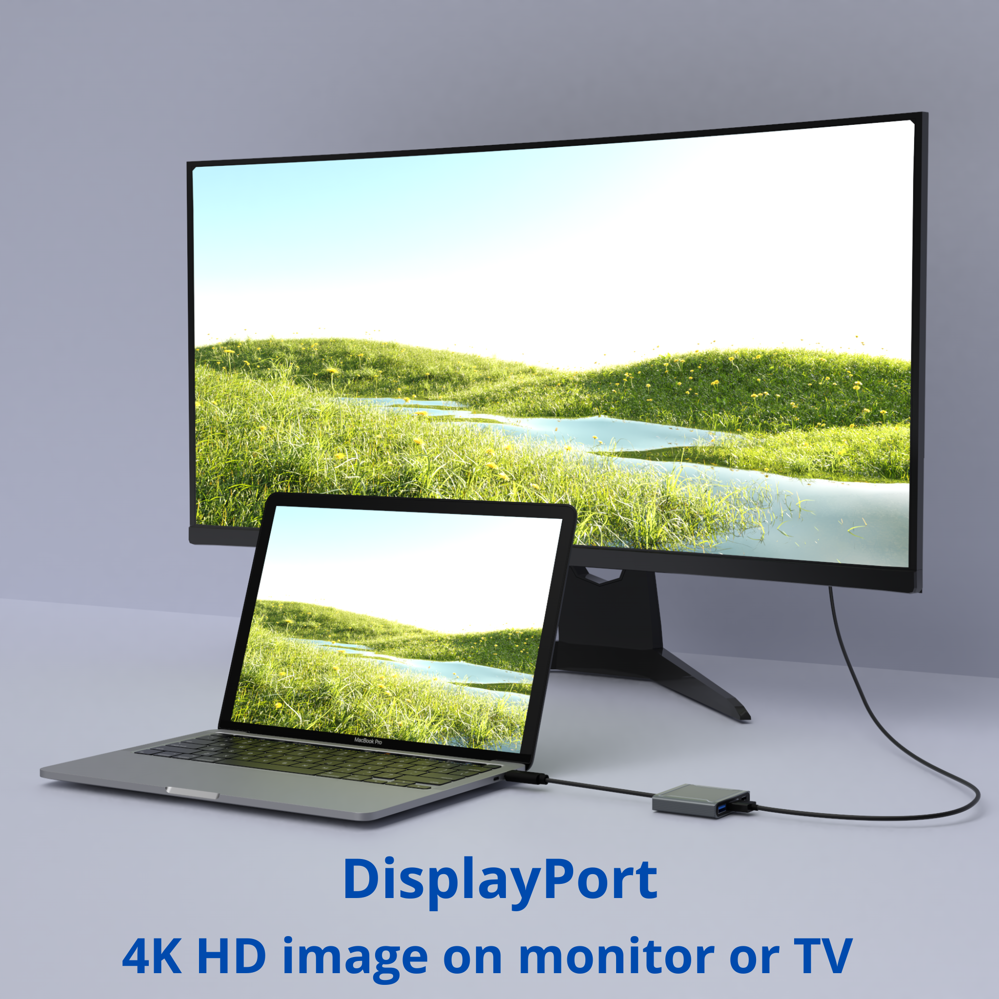Un ordinateur portable connecté à un moniteur via un adaptateur USB-C.