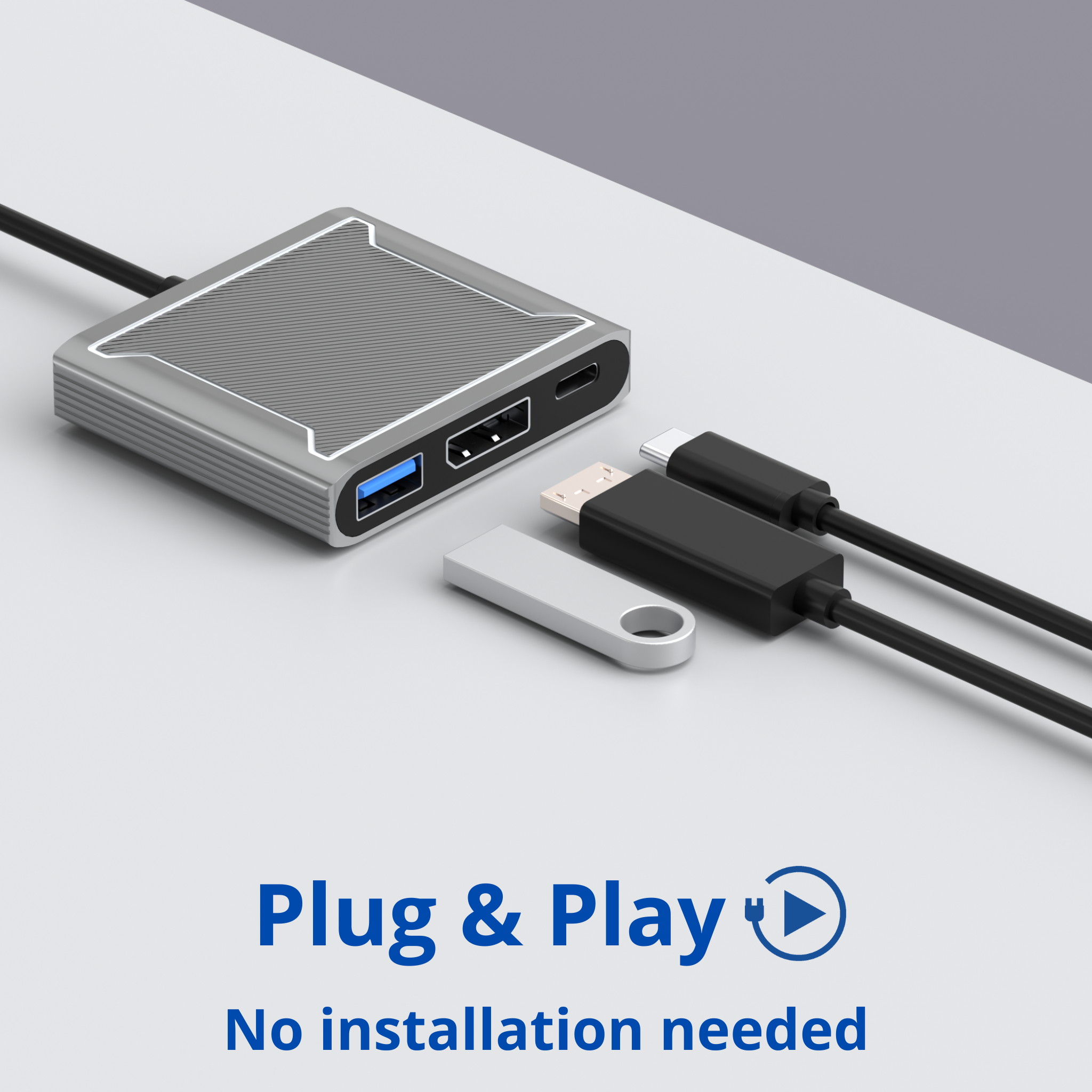 Hub USB avec plusieurs ports et câbles. Des câbles, dont USB-C, USB-A sont connectés.