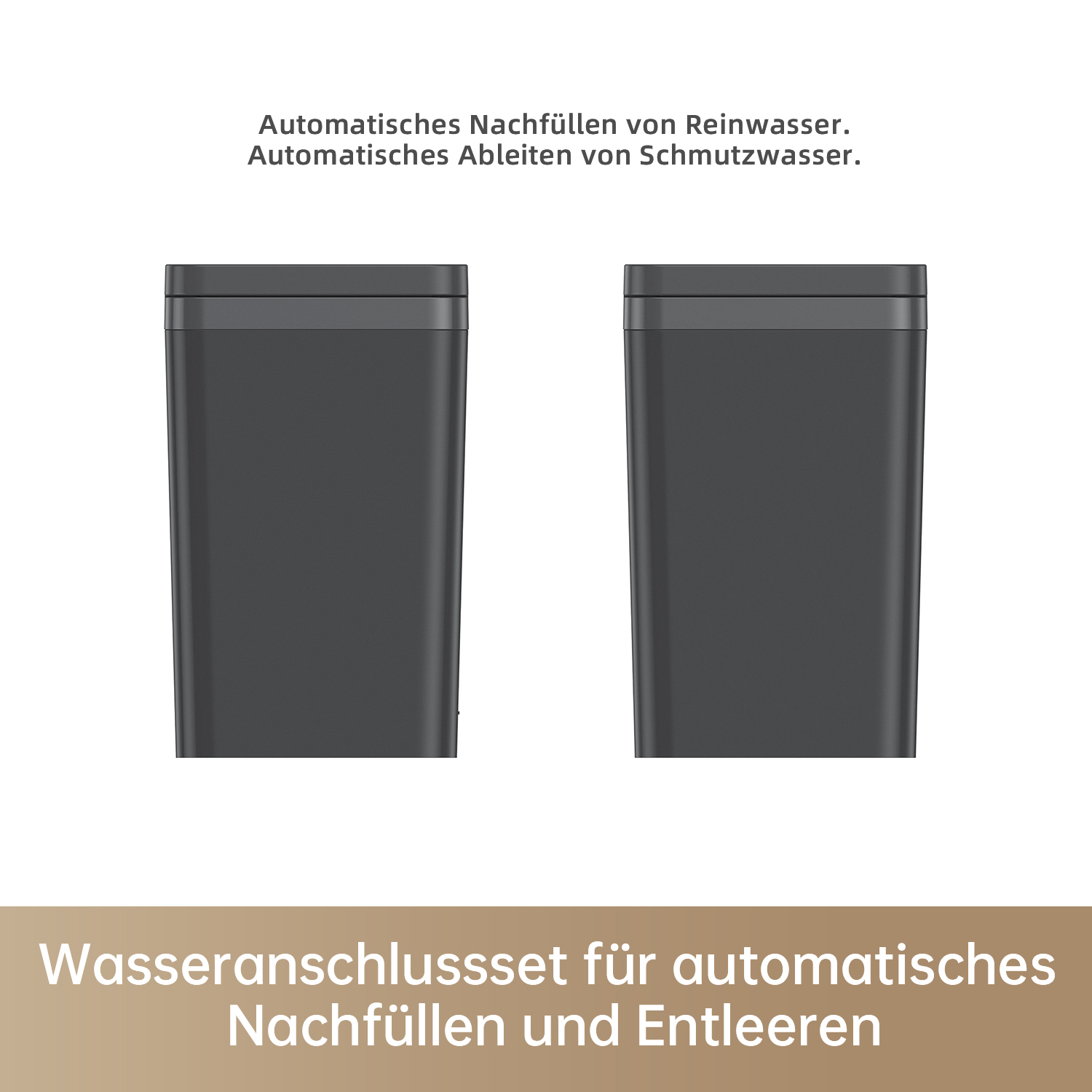 Zwei dunkelgraue Wassertankbehälter mit Text. Die Behälter stehen auf weißem Hintergrund.