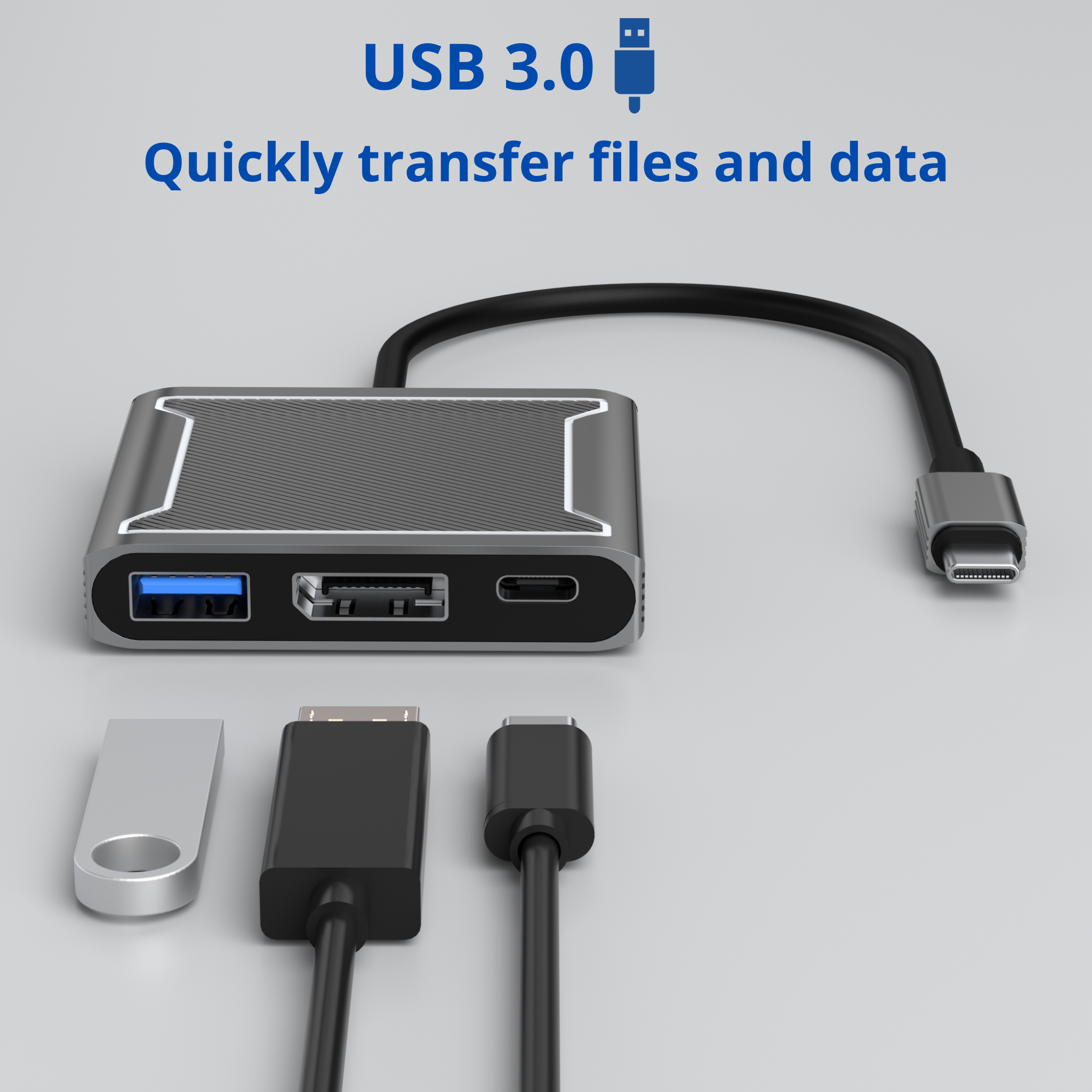 Un hub USB 3.0 gris avec des câbles et des appareils connectés, y compris une clé USB.