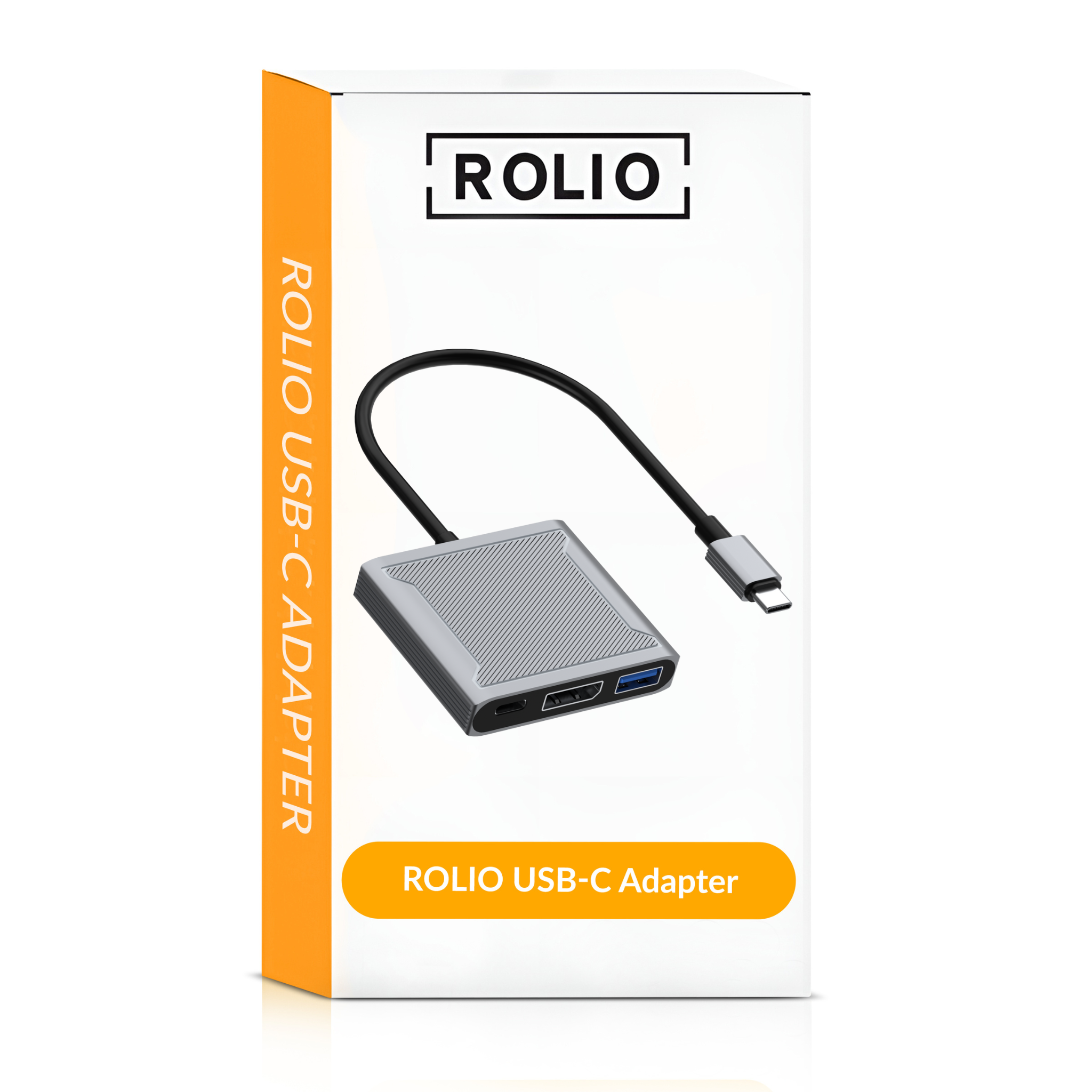 Boîte blanche avec un adaptateur USB-C argenté. Texte : « Adaptateur USB-C ROLIO ».